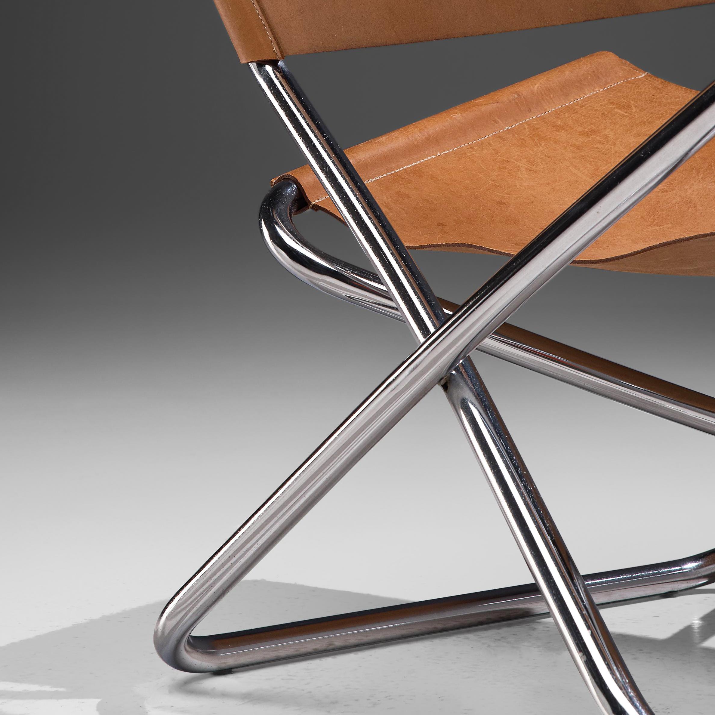 Danish Erik Magnussen Pair of 'Z' Folding Lounge Chairs in Cognac Leather