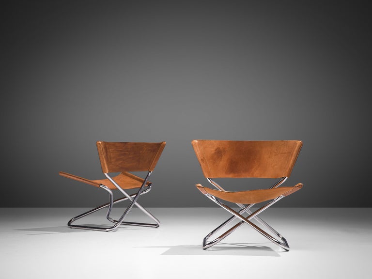 Erik Magnussen Pair of 'Z' Folding Lounge Chairs in Cognac Leather In Good Condition In Waalwijk, NL