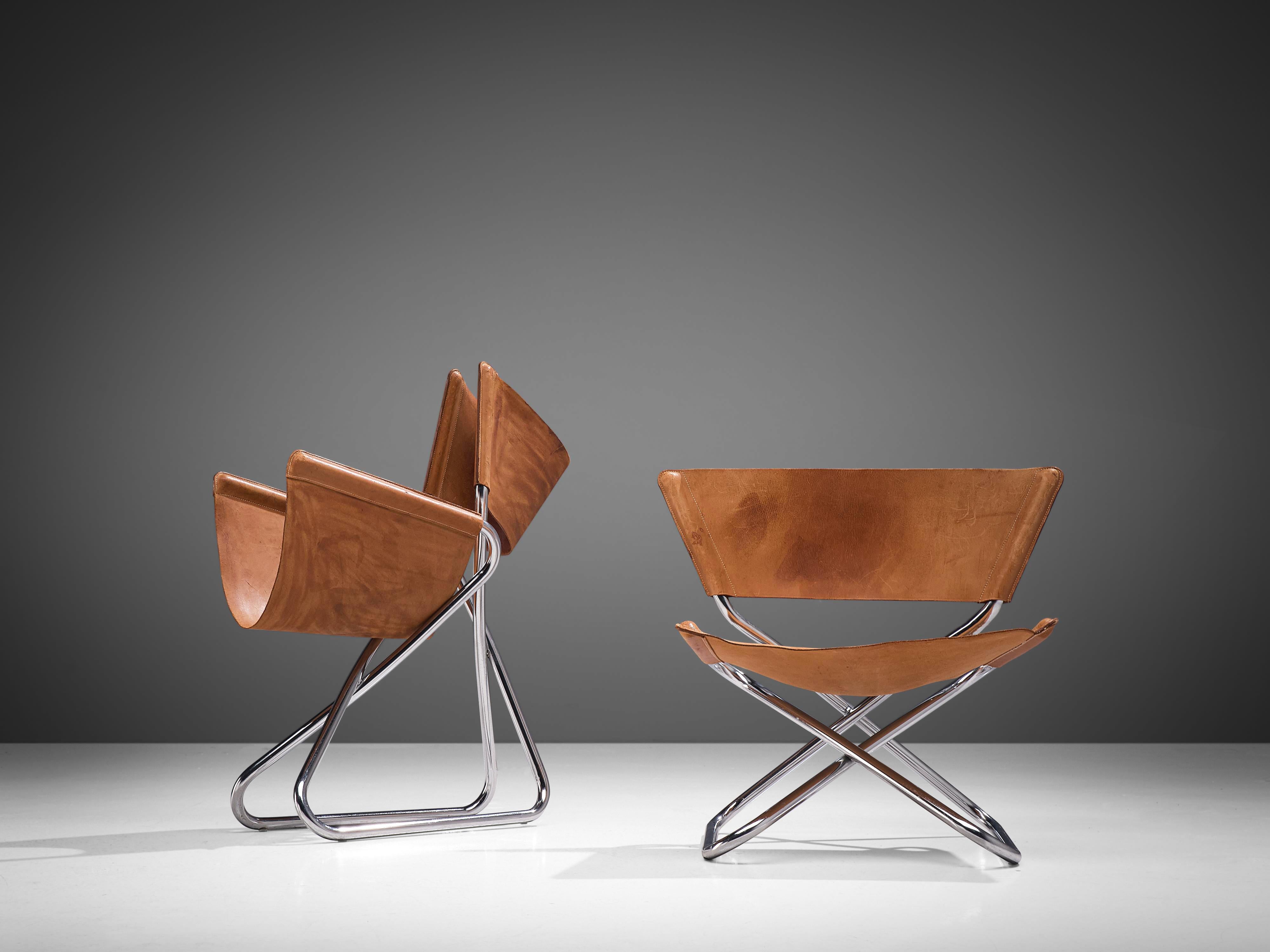 Danish Erik Magnussen Pair of 'Z' Folding Lounge Chairs in Cognac Leather
