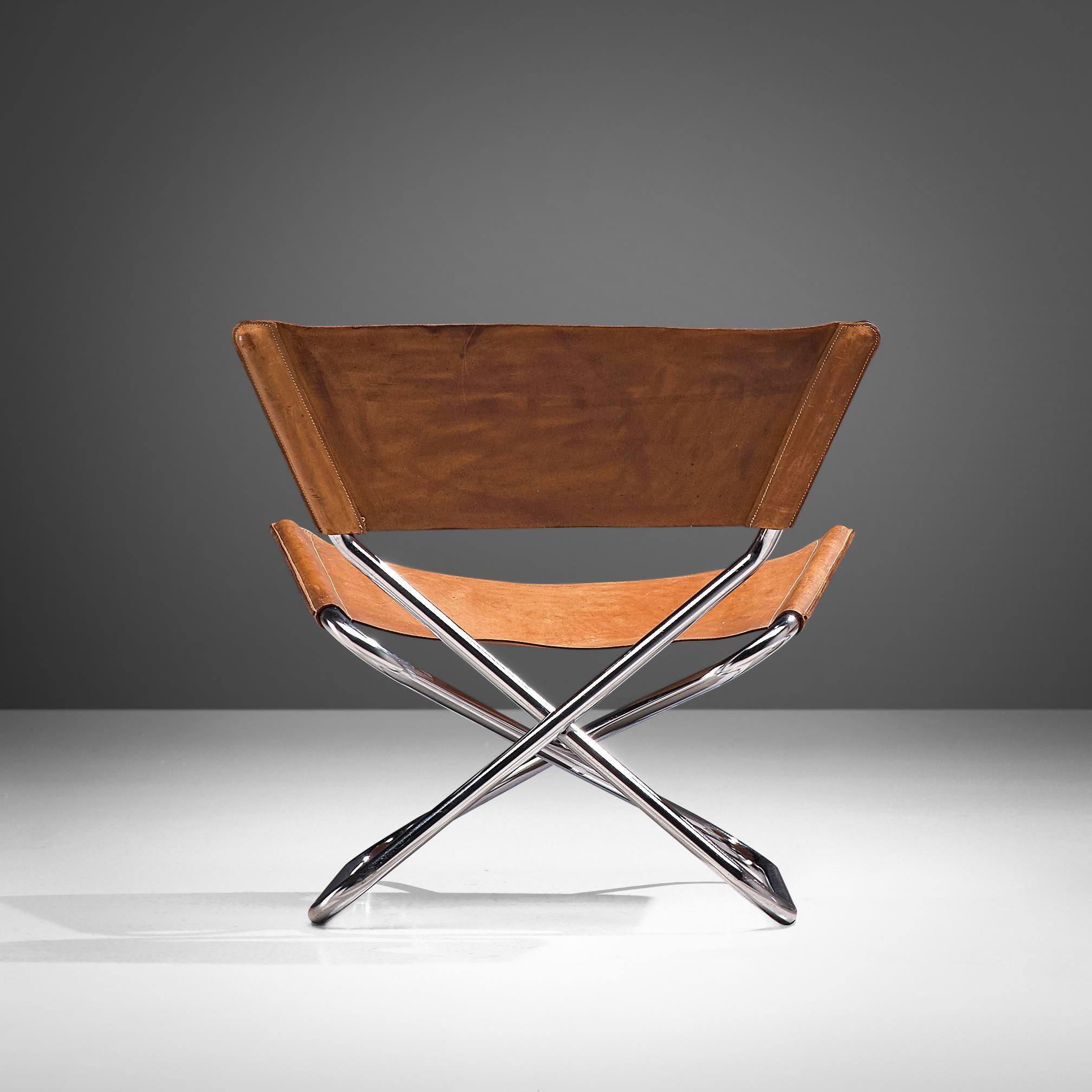 Steel Erik Magnussen Pair of 'Z' Folding Lounge Chairs in Cognac Leather