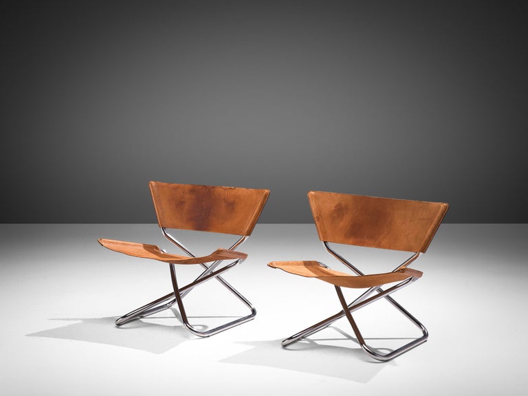 Erik Magnussen Pair of 'Z' Folding Lounge Chairs in Cognac Leather For Sale 2