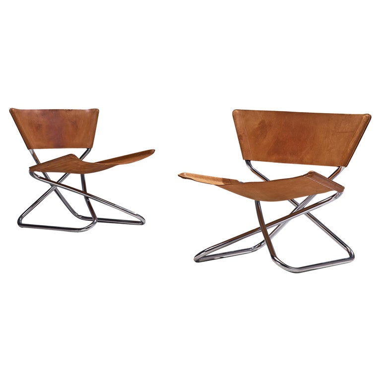 Erik Magnussen Pair of 'Z' Folding Lounge Chairs in Cognac Leather For Sale