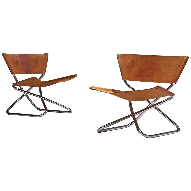 Erik Magnussen Pair of 'Z' Folding Lounge Chairs in Cognac Leather
