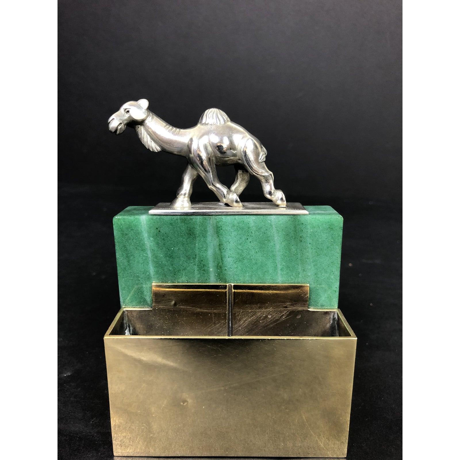Post Art Deco sculpture by Erik Magnussen (1884-1961) a well known Danish designer-silversmith. This unique item is sterling silver, bronze and aventurine. A beautiful and creative use of materials. A stylized camel marked sterling sits at top of