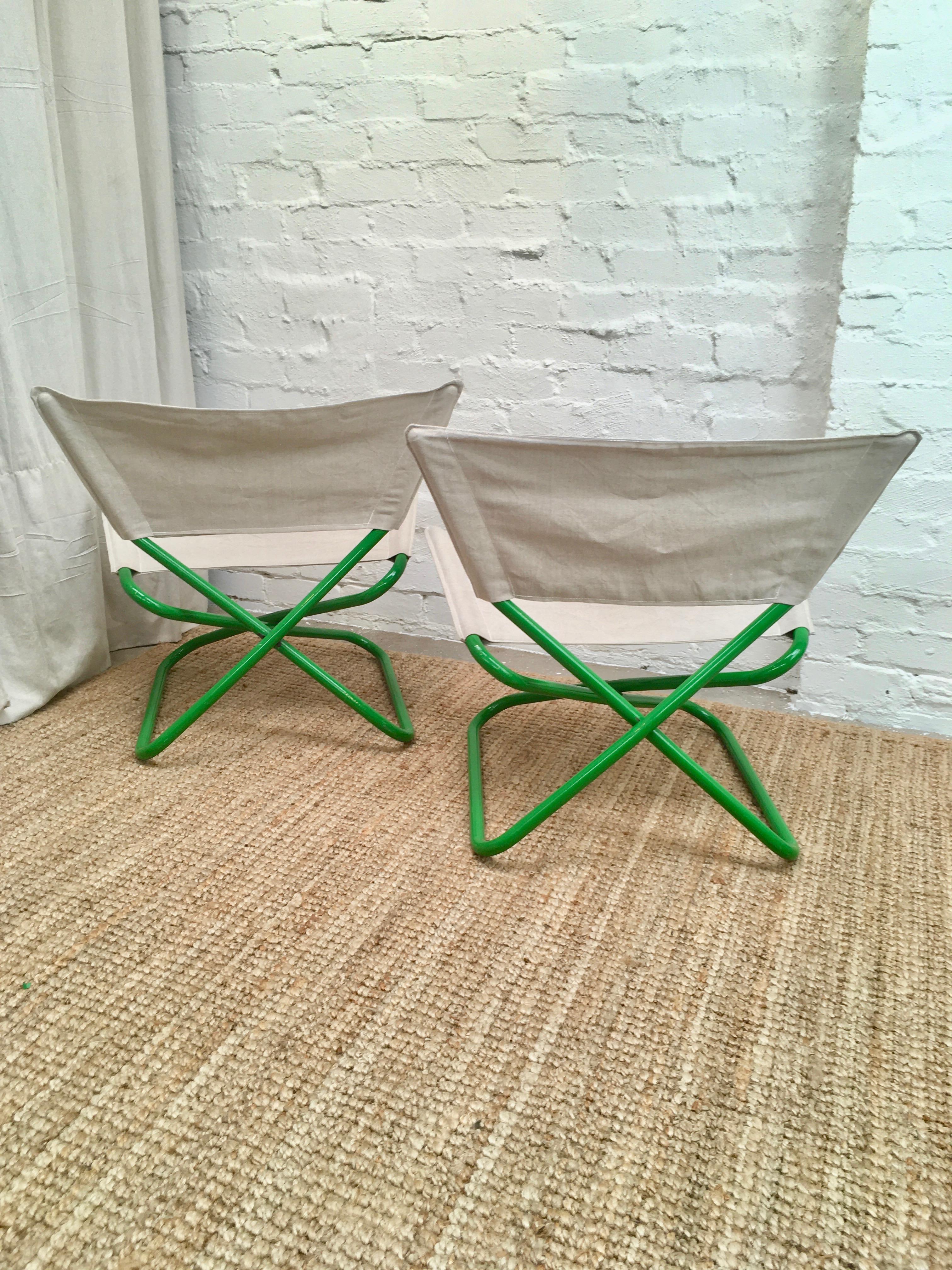 Erik Magnussen Z Folding Chairs in Green w new Belgian Linen, Bieffeplast 1965 2
