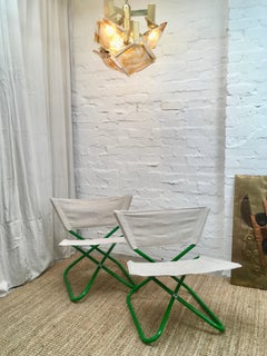 Erik Magnussen Z Folding Chairs in Green w new Belgian Linen, Bieffeplast 1965