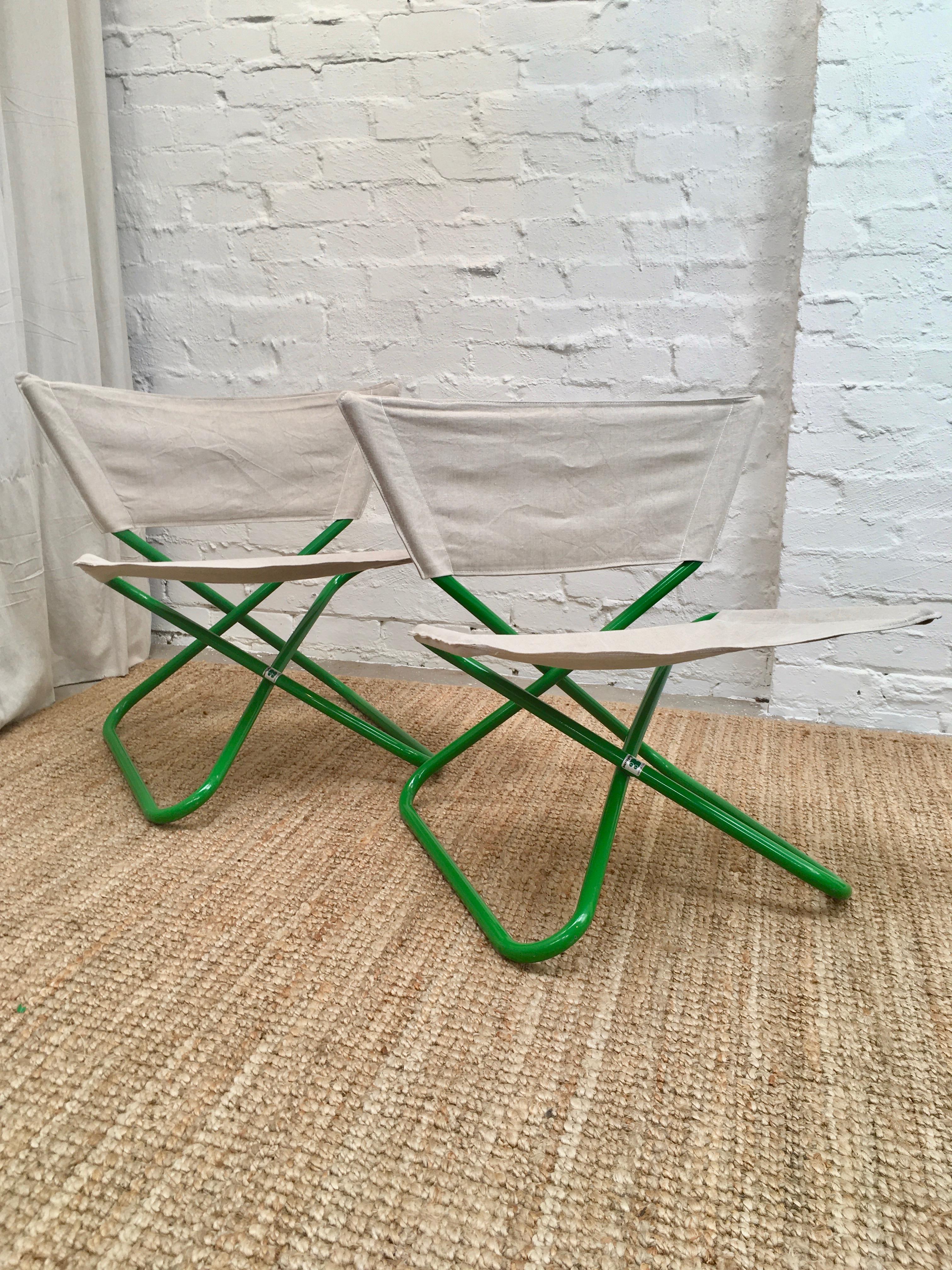 Space Age Erik Magnussen Z Folding Chairs in Green w new Belgian Linen, Bieffeplast 1965