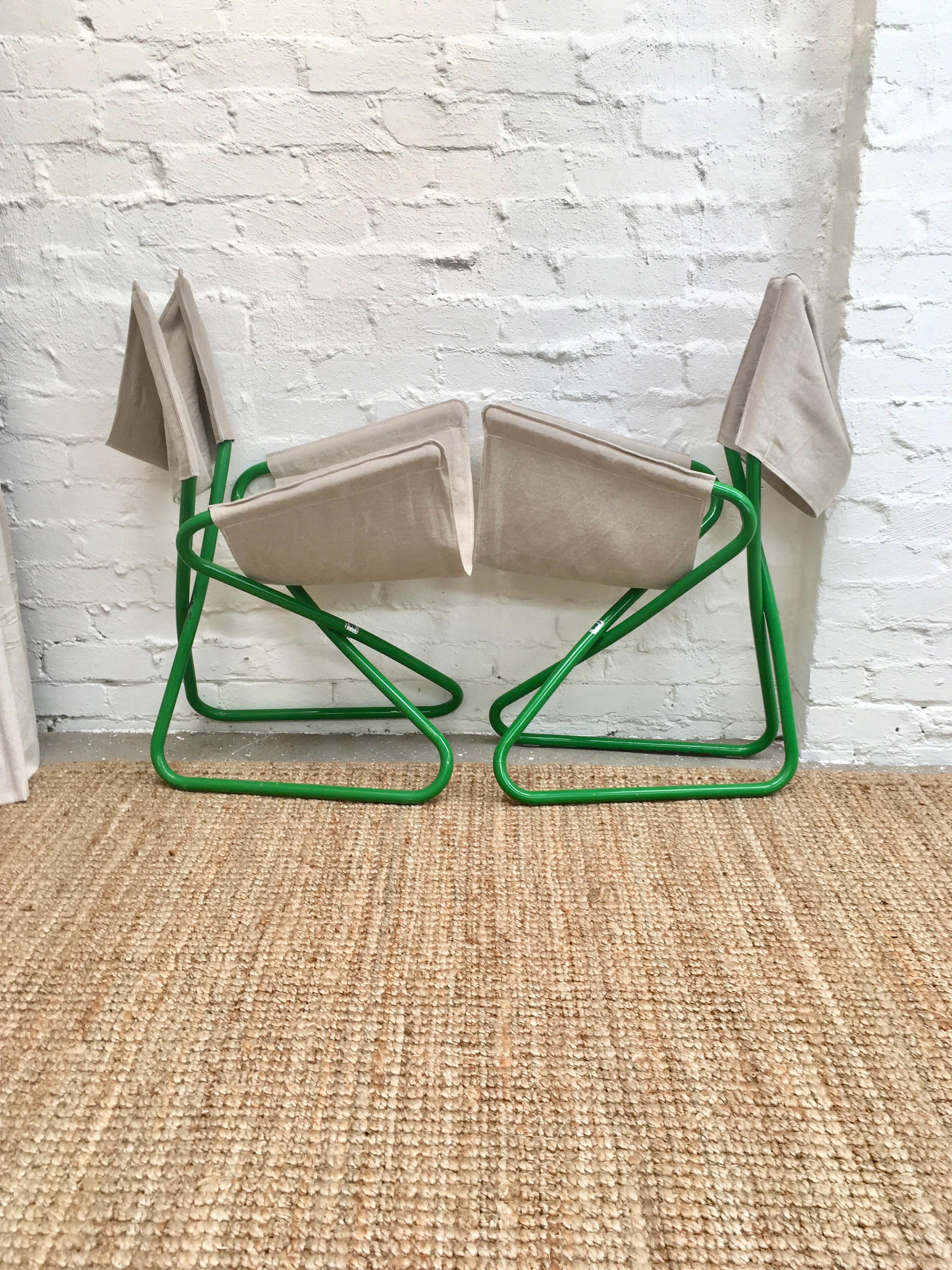 Powder-Coated Erik Magnussen Z Folding Chairs in Green w new Belgian Linen, Bieffeplast 1965