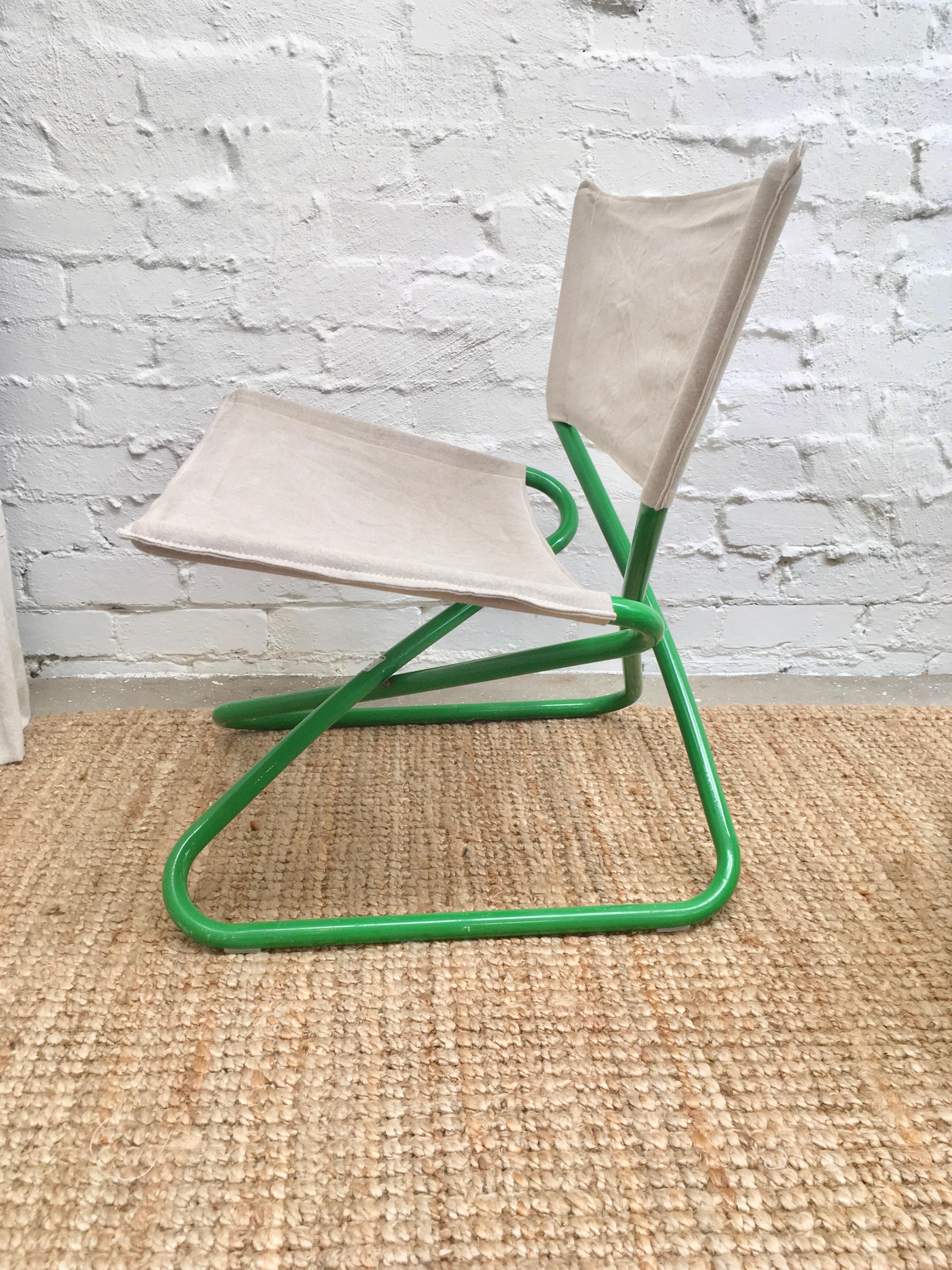 Metal Erik Magnussen Z Folding Chairs in Green w new Belgian Linen, Bieffeplast 1965