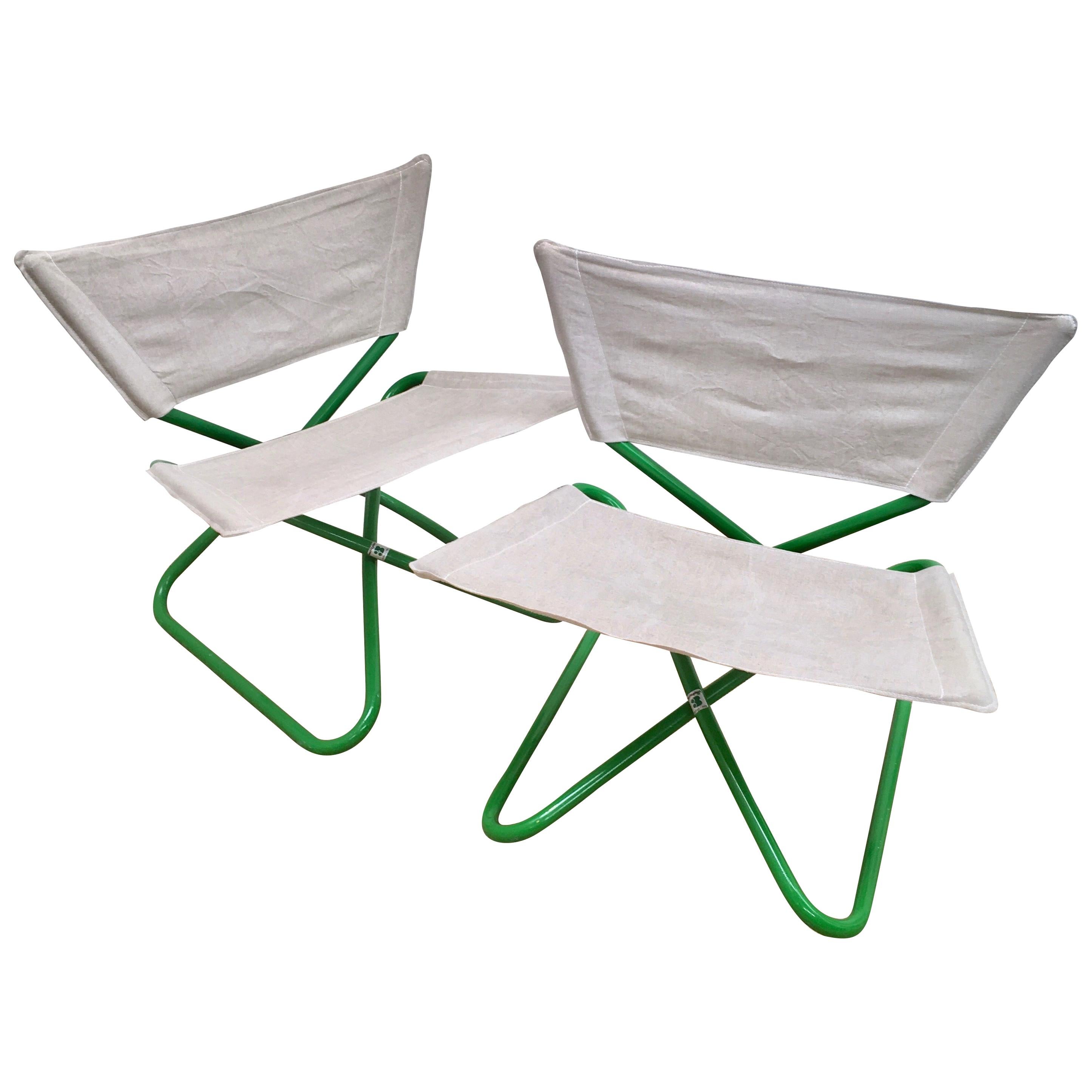 Erik Magnussen Z Folding Chairs in Green w new Belgian Linen, Bieffeplast 1965