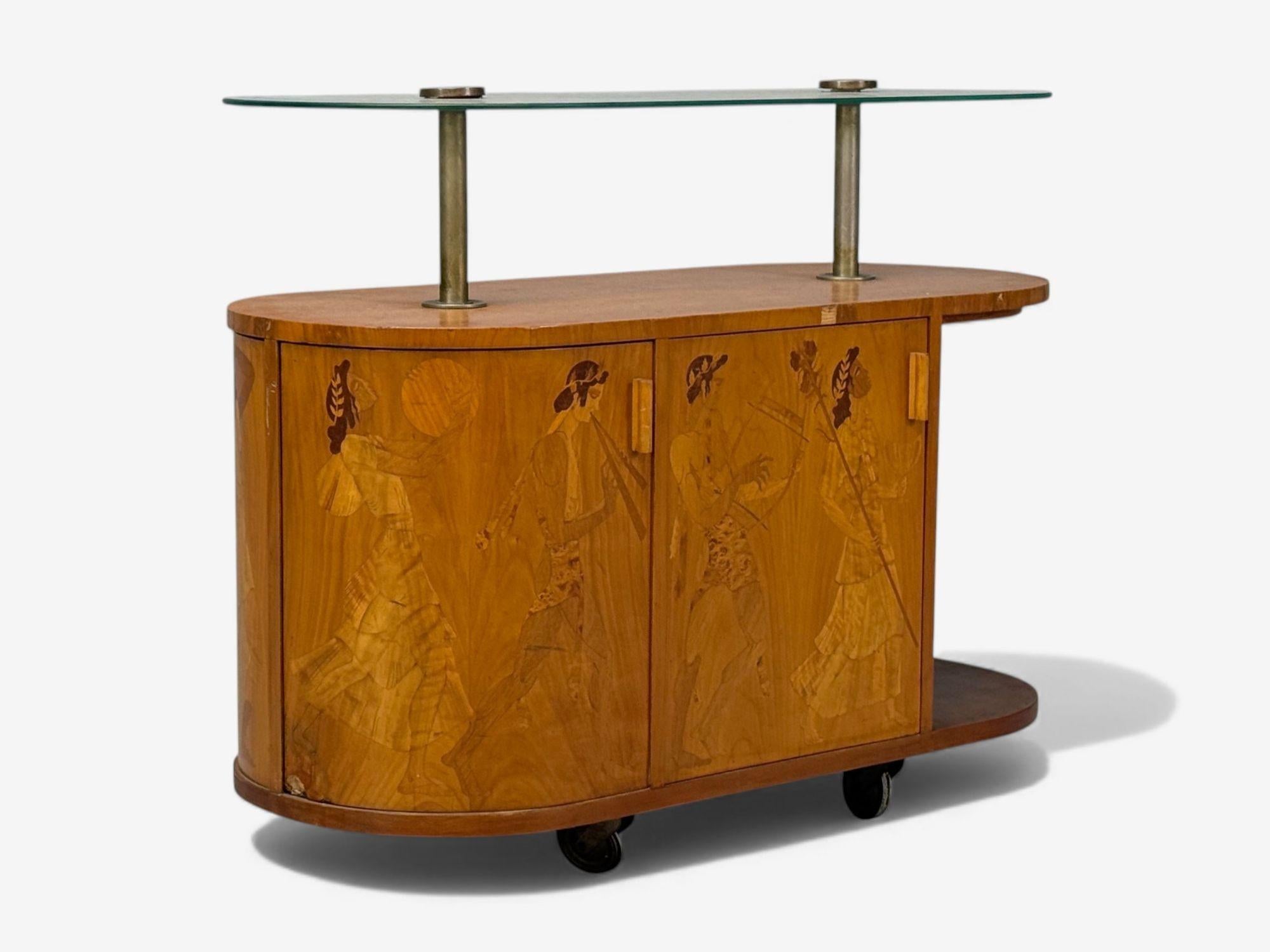 Erik Mattsson, Art Deco, Marquetry, Glass, Rare Bar Cart, Sweden c. 1939 For Sale 4