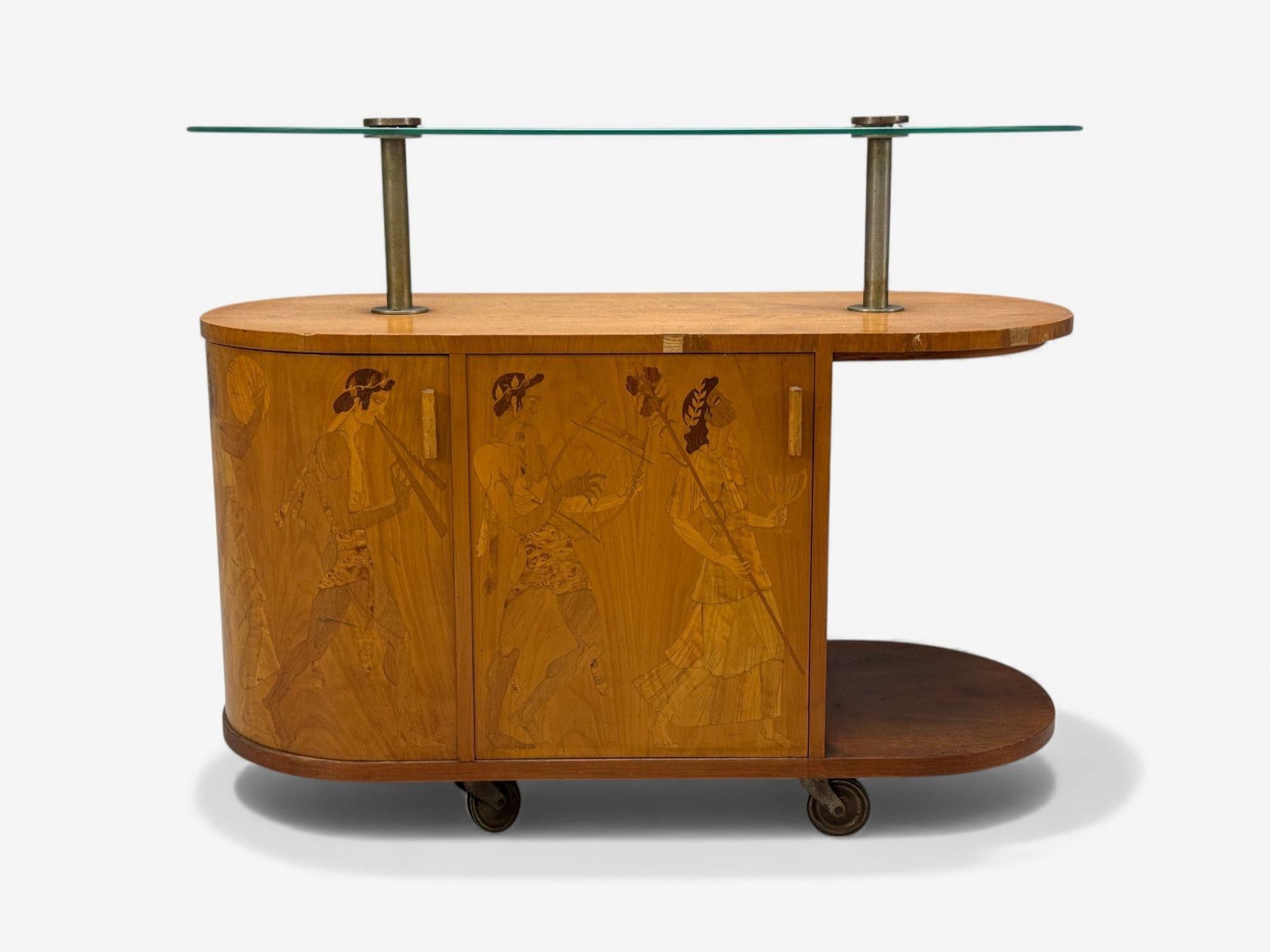 Erik Mattsson, Art Deco, Marquetry, Glass, Rare Bar Cart, Sweden c. 1939 For Sale 5