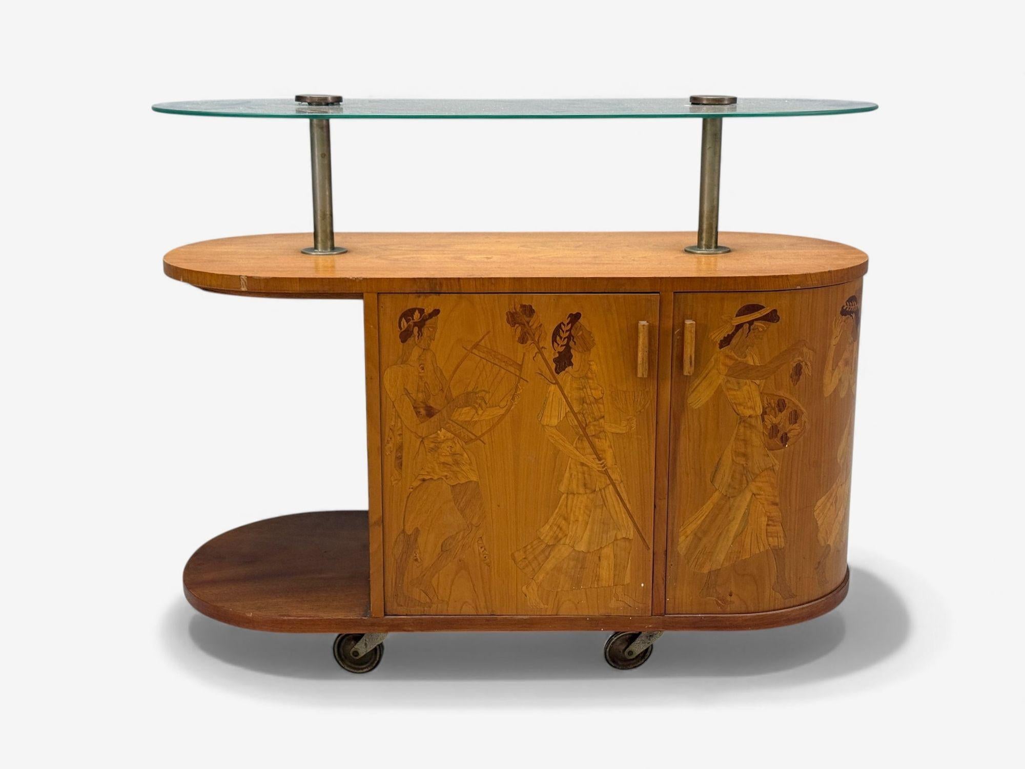 Mid-Century Modern Erik Mattsson, Art Deco, Marquetry, Glass, Rare Bar Cart, Sweden c. 1939 For Sale