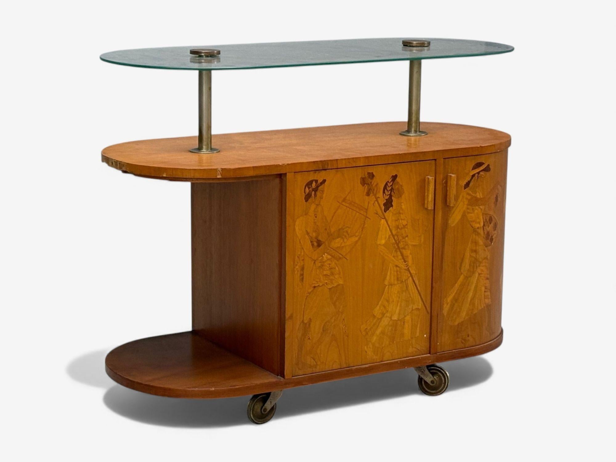 Swedish Erik Mattsson, Art Deco, Marquetry, Glass, Rare Bar Cart, Sweden c. 1939 For Sale