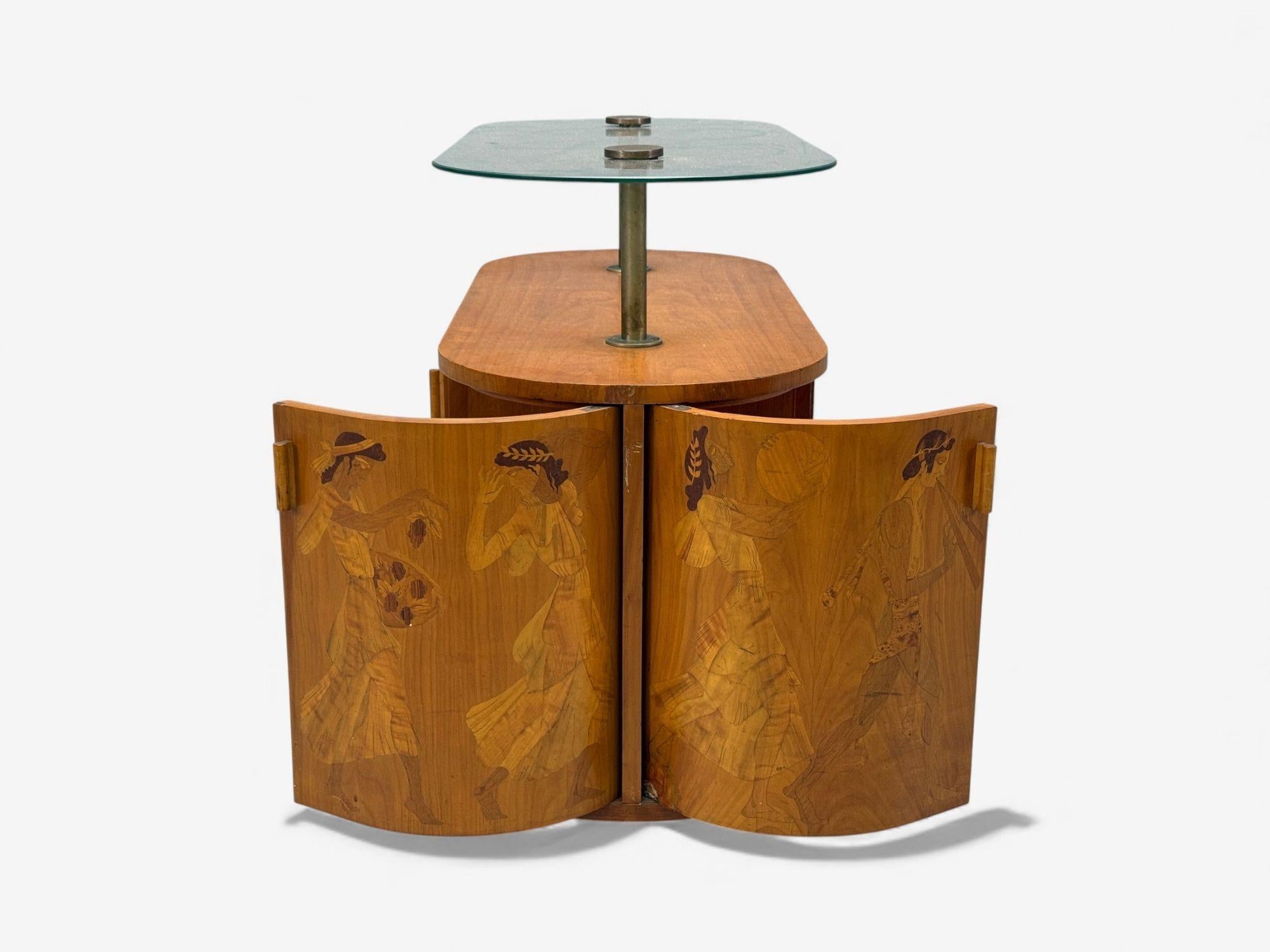 Erik Mattsson, Art Deco, Marquetry, Glass, Rare Bar Cart, Sweden c. 1939 In Fair Condition For Sale In Manhasset, NY