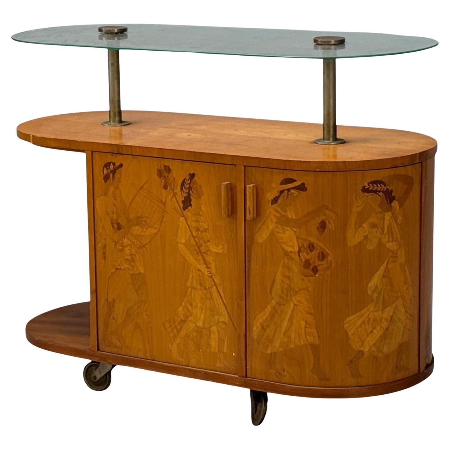 Erik Mattsson, Art Deco, Marquetry, Glass, Rare Bar Cart, Sweden c. 1939 For Sale