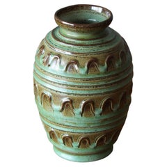 Erik Mornils, for Nittsjö, Green and Brown Ceramic Vase, Sweden, 1940s