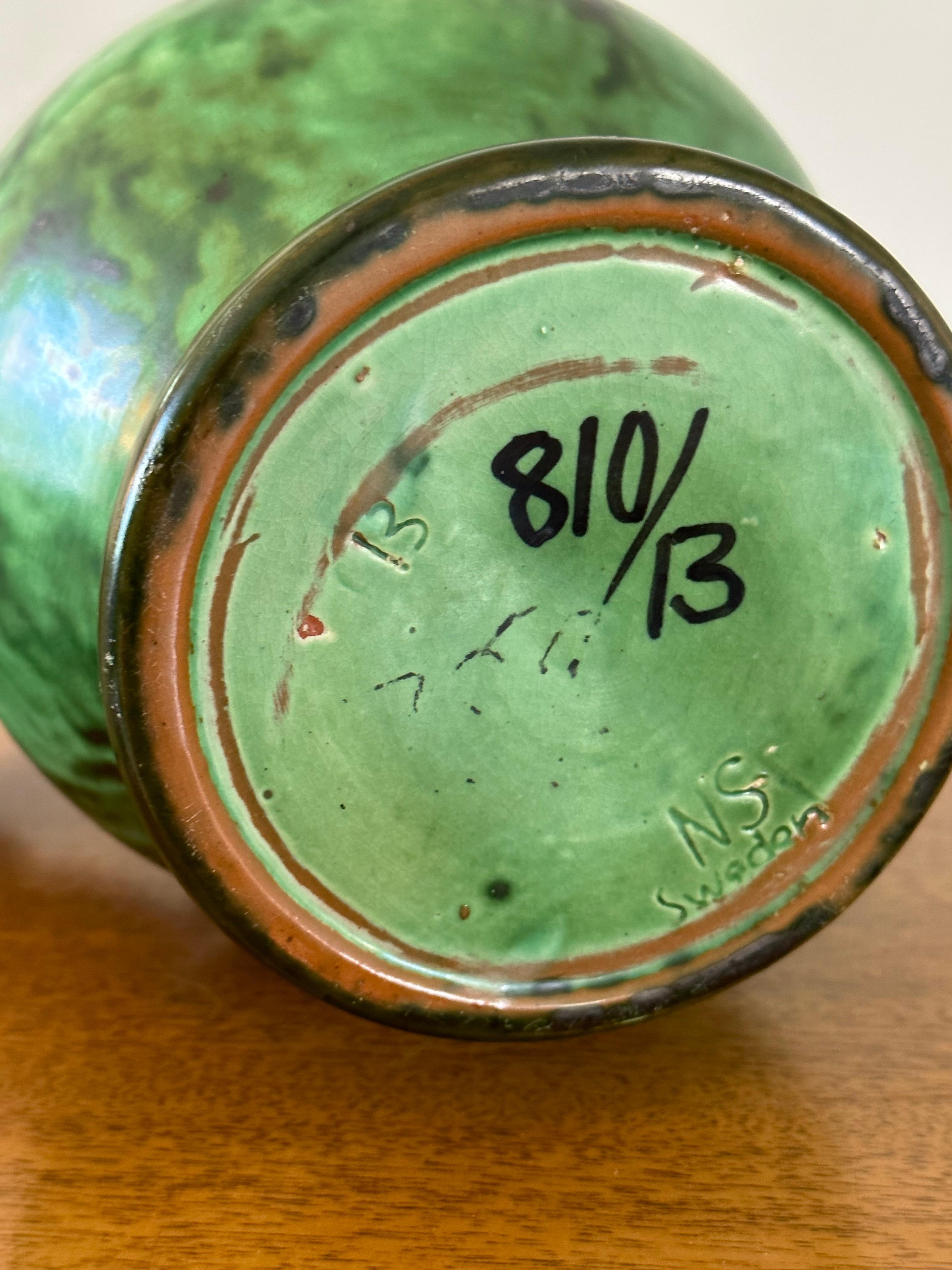 Vaso brocca con manico di Erik Mornils per Nittsjö Keramik, Svezia, smalto malachite in vendita 3