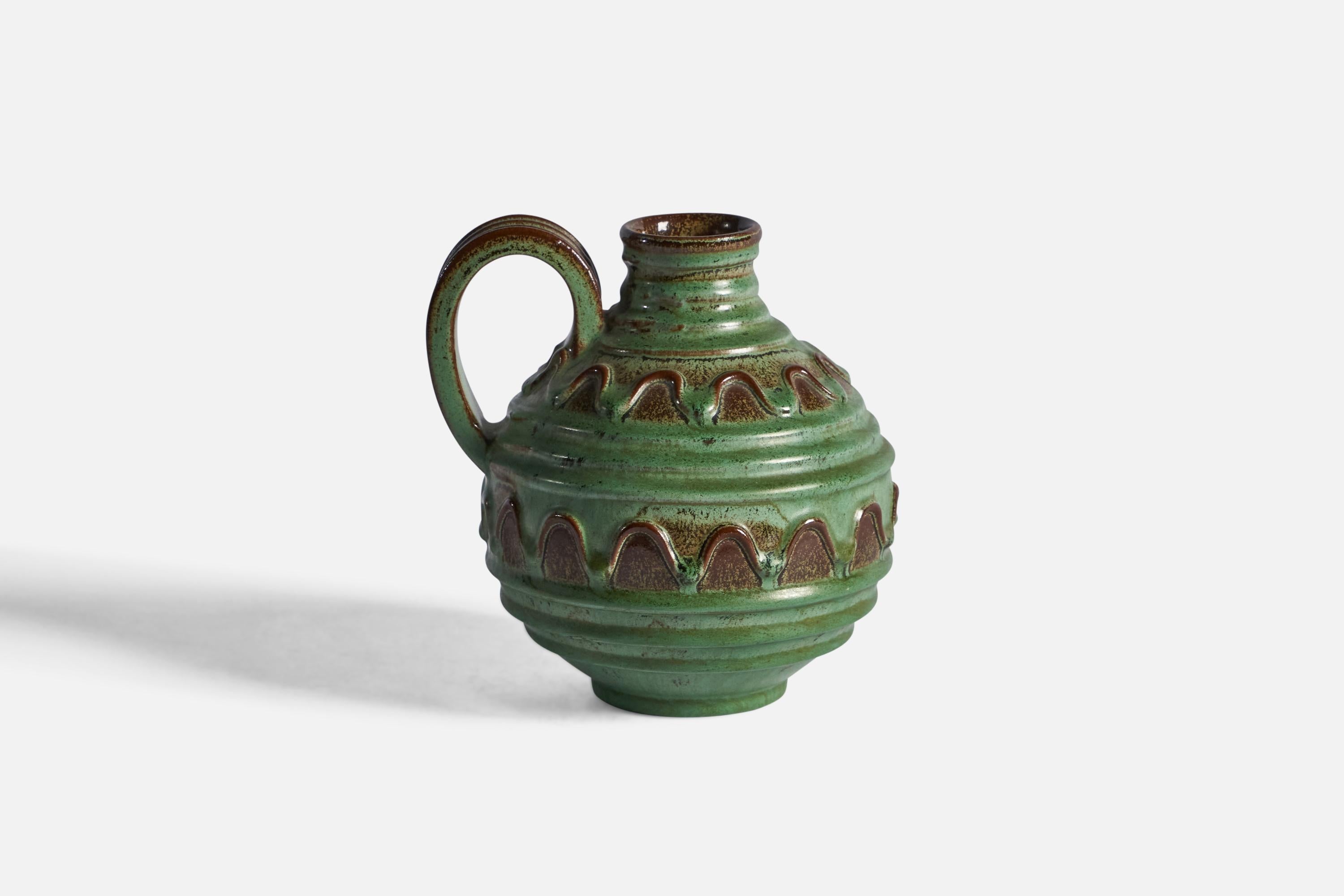 A green and brown-glazed pitcher or vase designed by Erik Mornils and produced by Nittsjö, Sweden, 1930s.