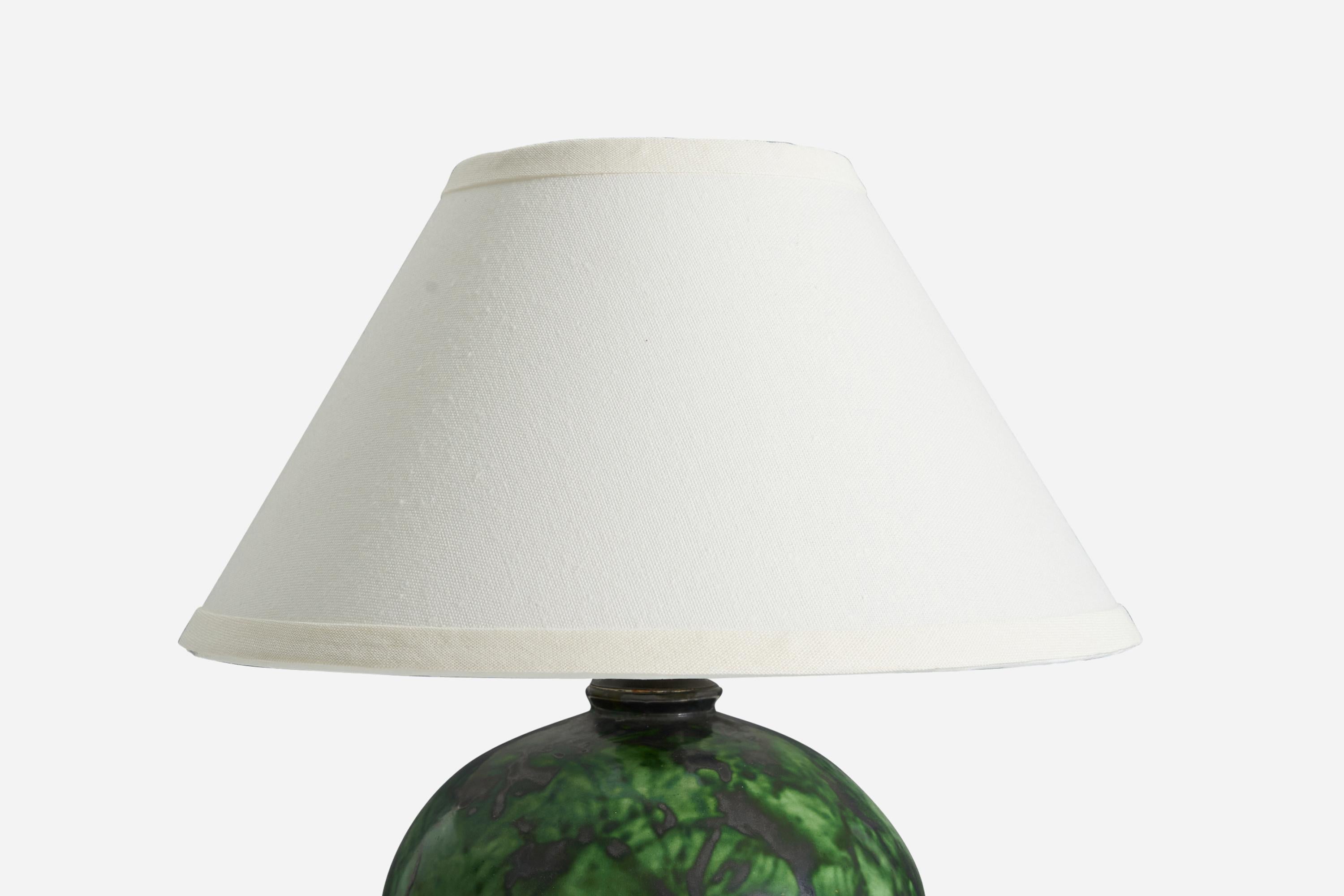 Scandinavian Modern Erik Mornils, Studio Table Lamp, Green Glazed Stoneware, Nittsjö, Sweden 1940s For Sale