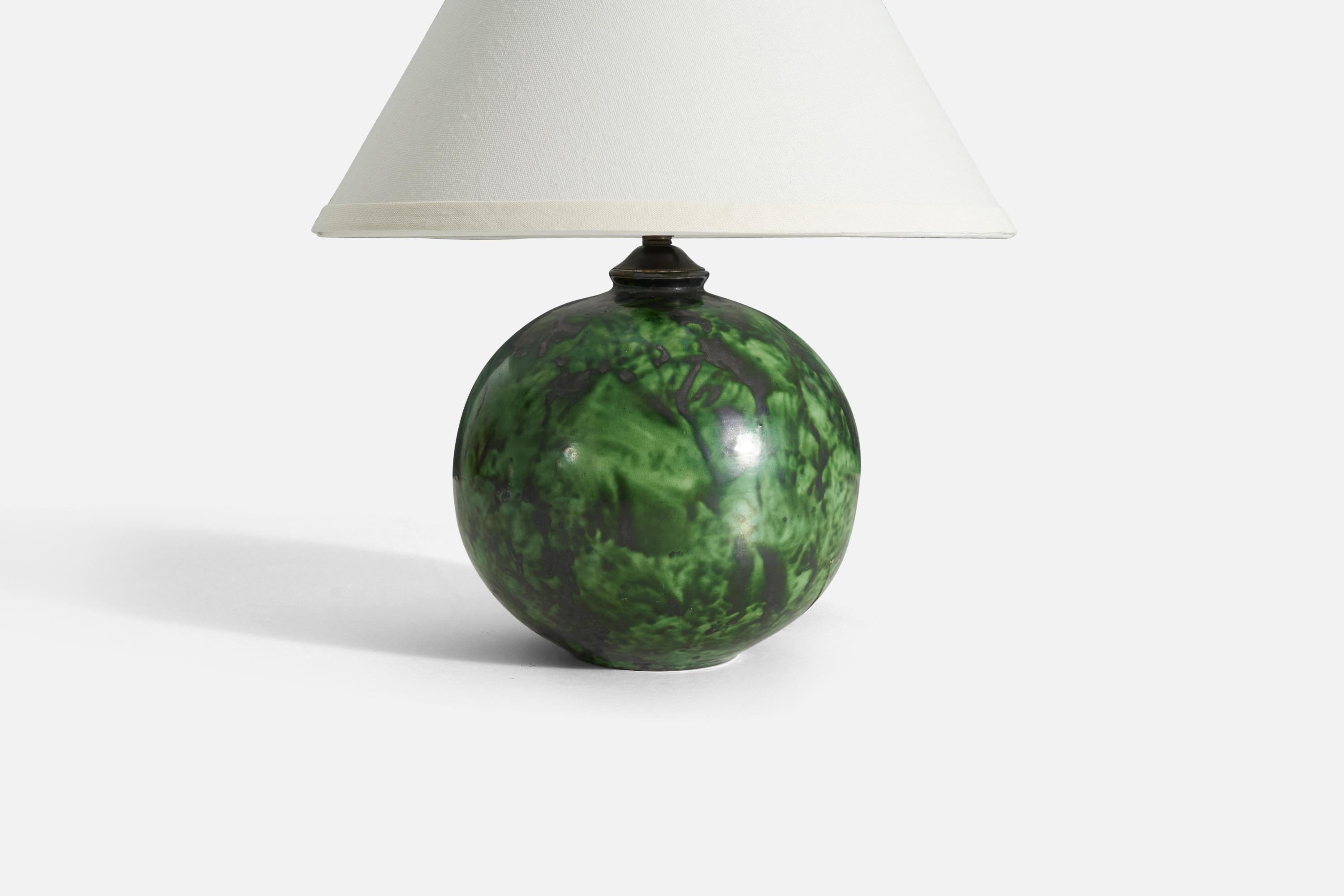 Swedish Erik Mornils, Studio Table Lamp, Green Glazed Stoneware, Nittsjö, Sweden 1940s For Sale