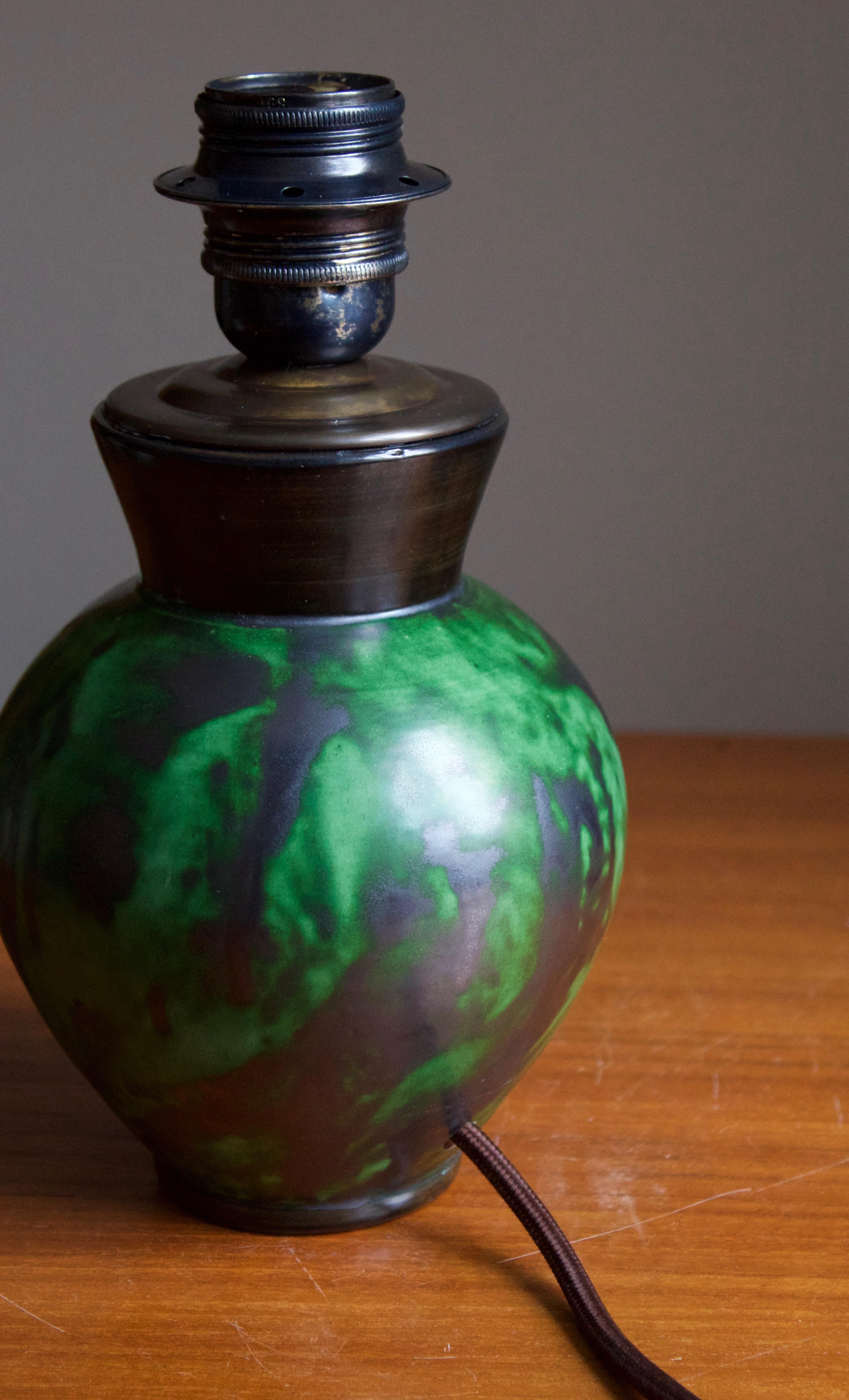 Swedish Erik Mornils, Table Lamp, Green Glazed Ceramic, Brass, Nittsjö, Sweden, 1940s