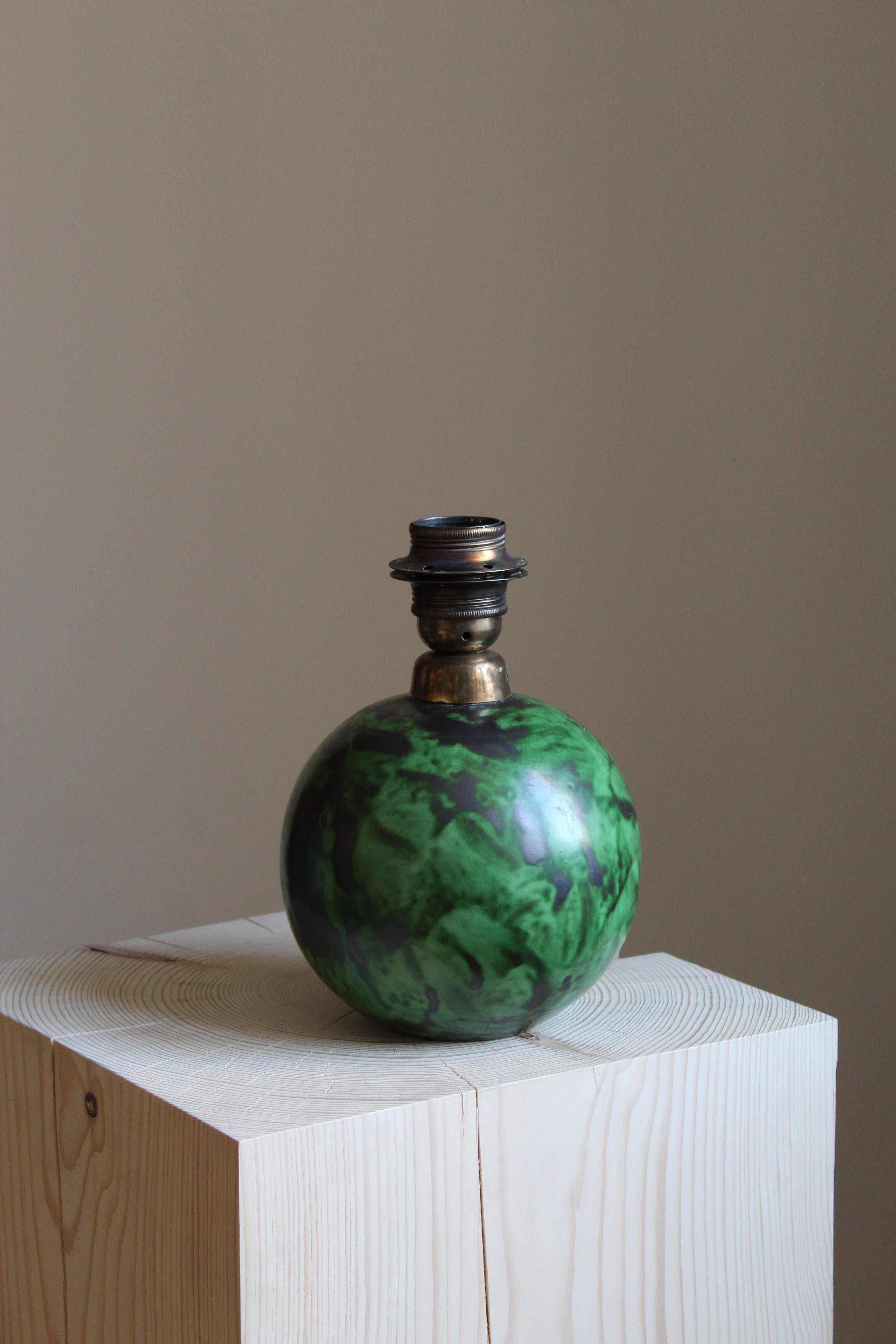 Scandinavian Modern Erik Mornils, Table Lamp, Green Glazed Stoneware, Fabric Nittsjö, Sweden, 1940s