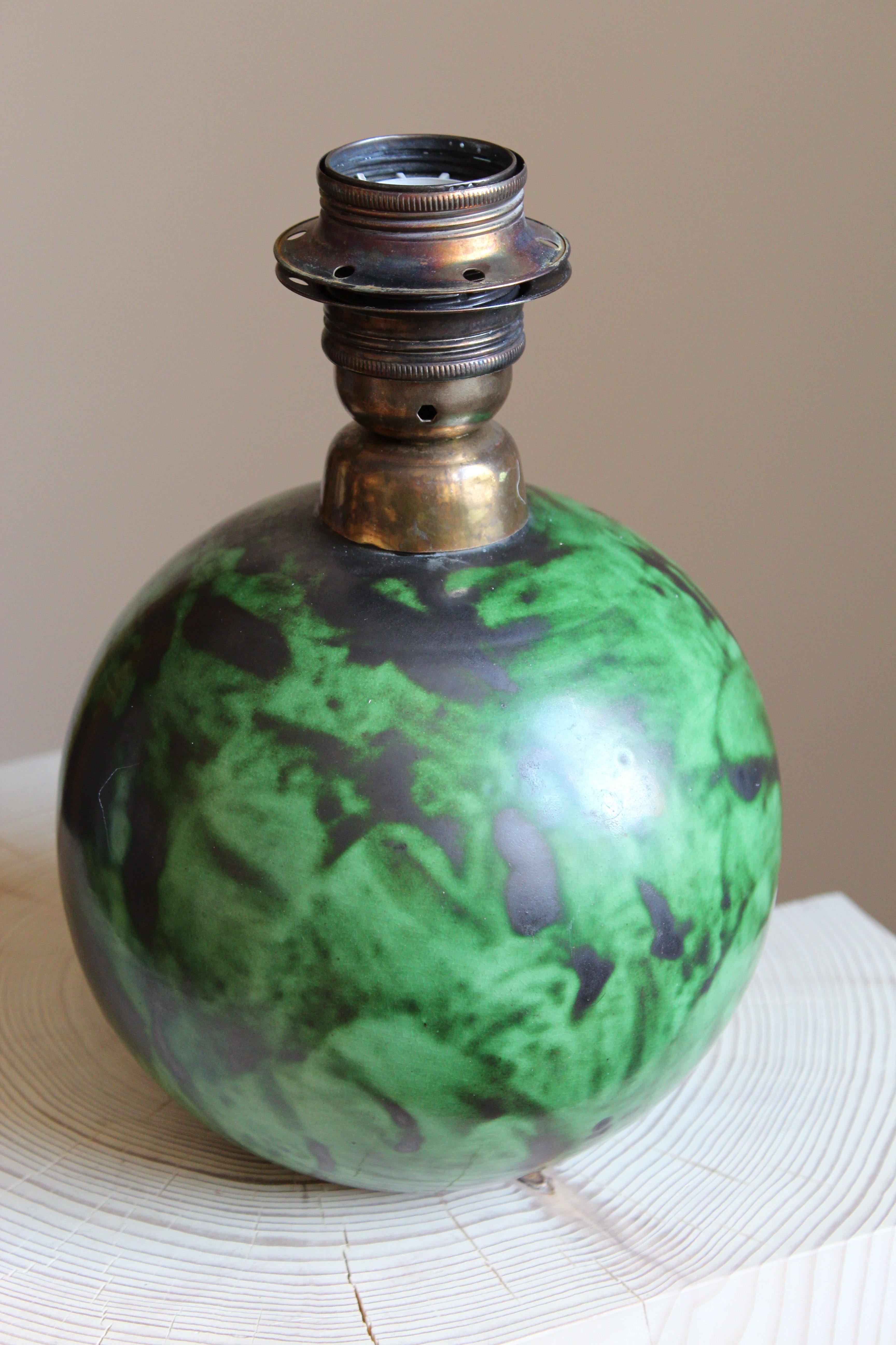 Swedish Erik Mornils, Table Lamp, Green Glazed Stoneware, Fabric Nittsjö, Sweden, 1940s