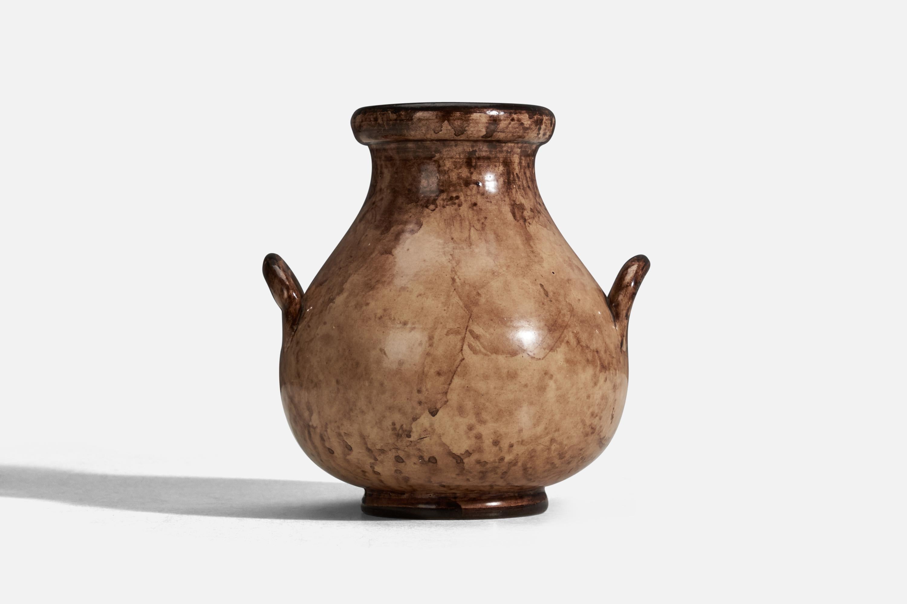 A brown glazed earthenware vase designed by Erik Mornils and produced by Nittsjö, Sweden, 1930s.