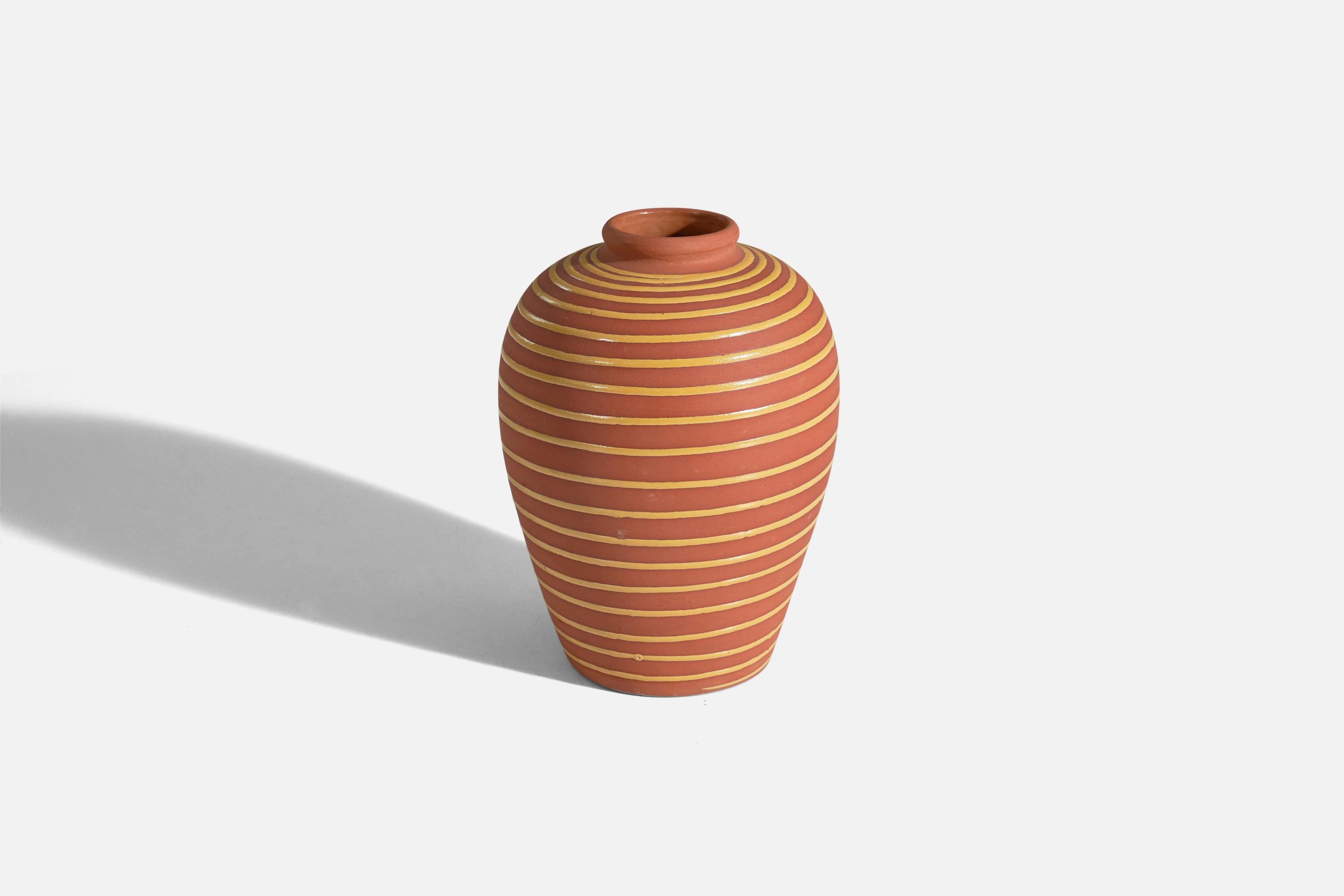 An earthenware vase designed by Erik Mornils and produced by Nittsjö, Sweden, 1940s.