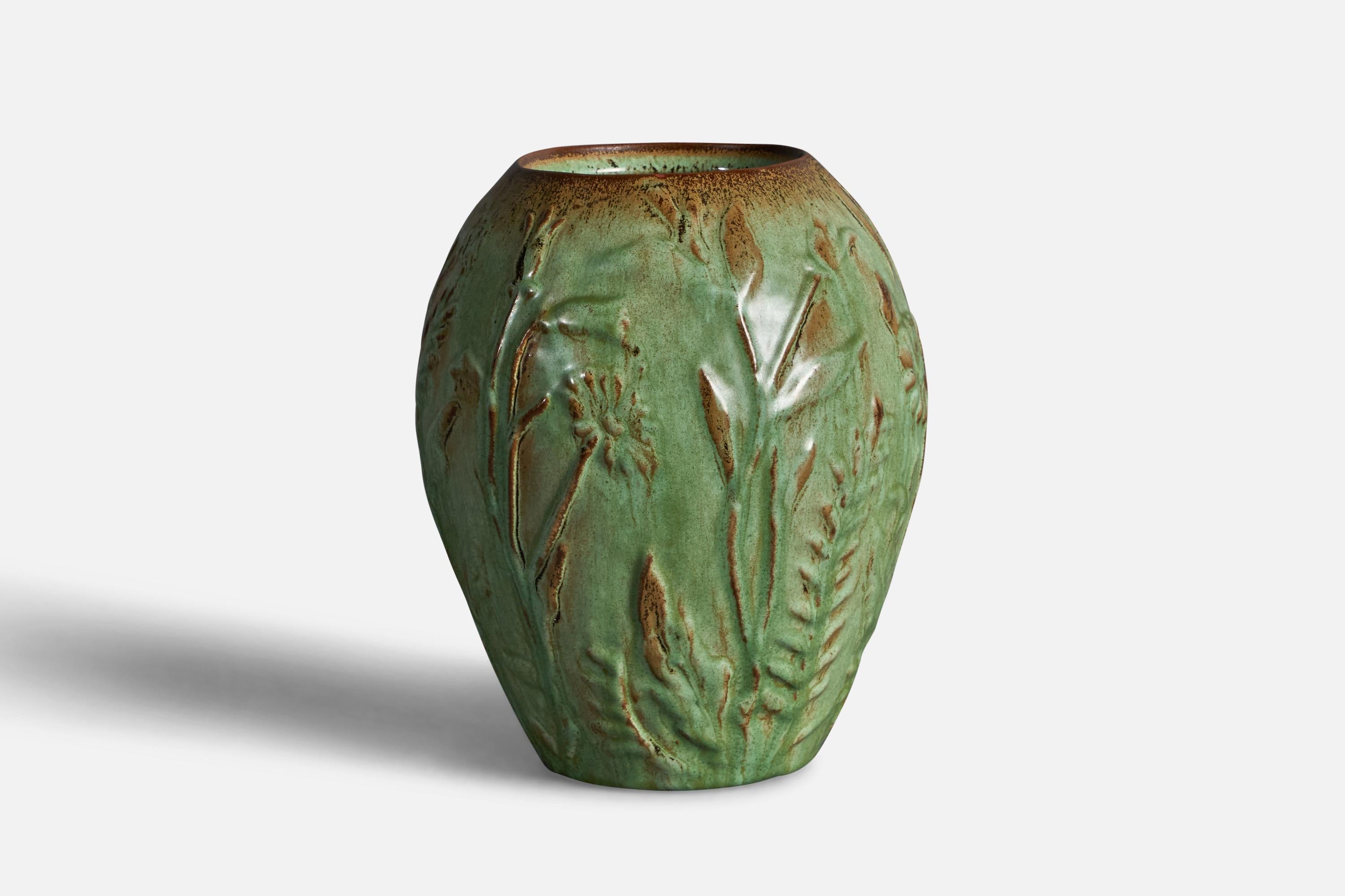 A green and brown glazed earthenware vase designed by Erik Mornils and produced by Nittsjö, Sweden, c. 1930s.