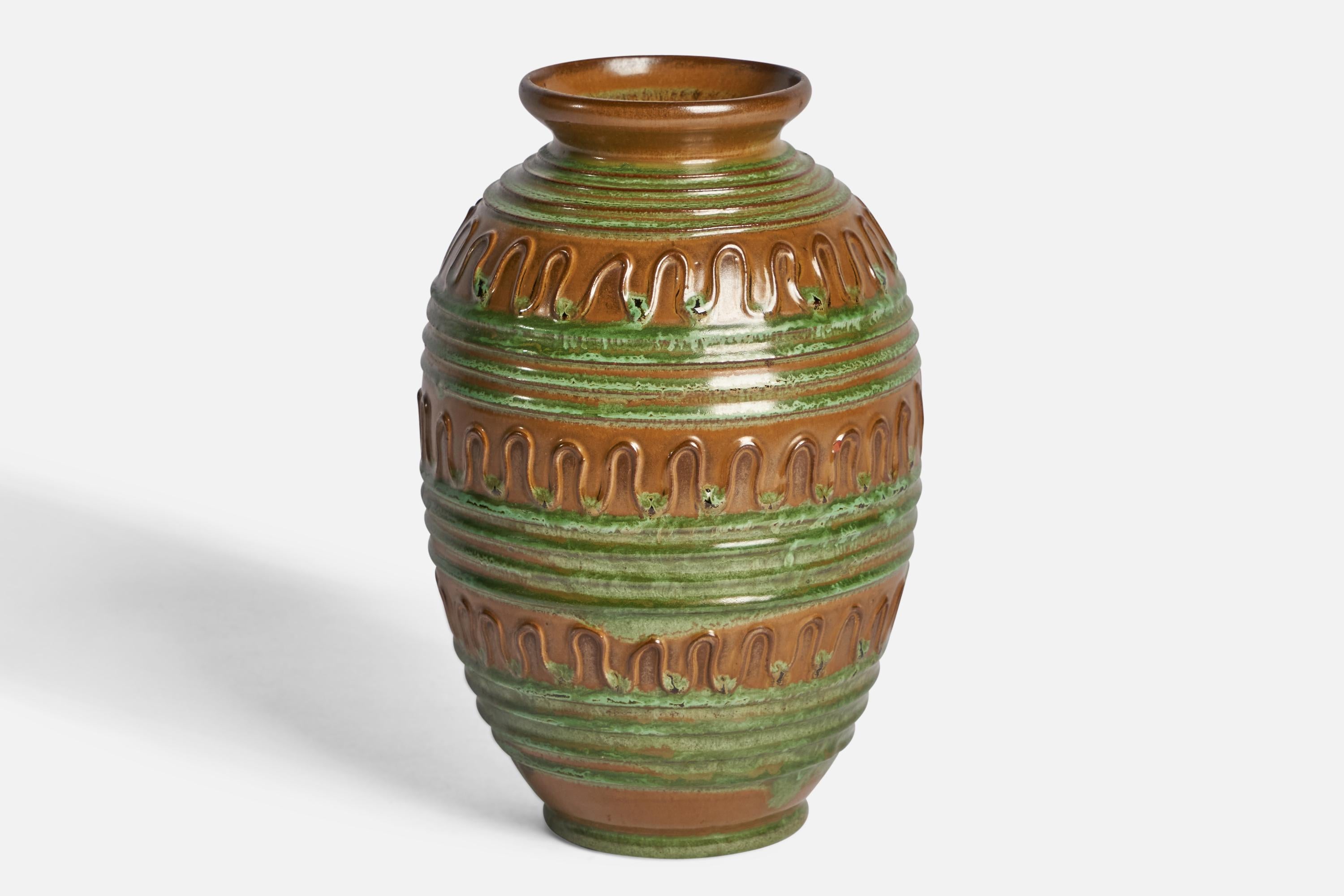 A green and brown-glazed earthenware vase designed by Erik Mornils and produced by Nittsjö, Sweden, 1930s.