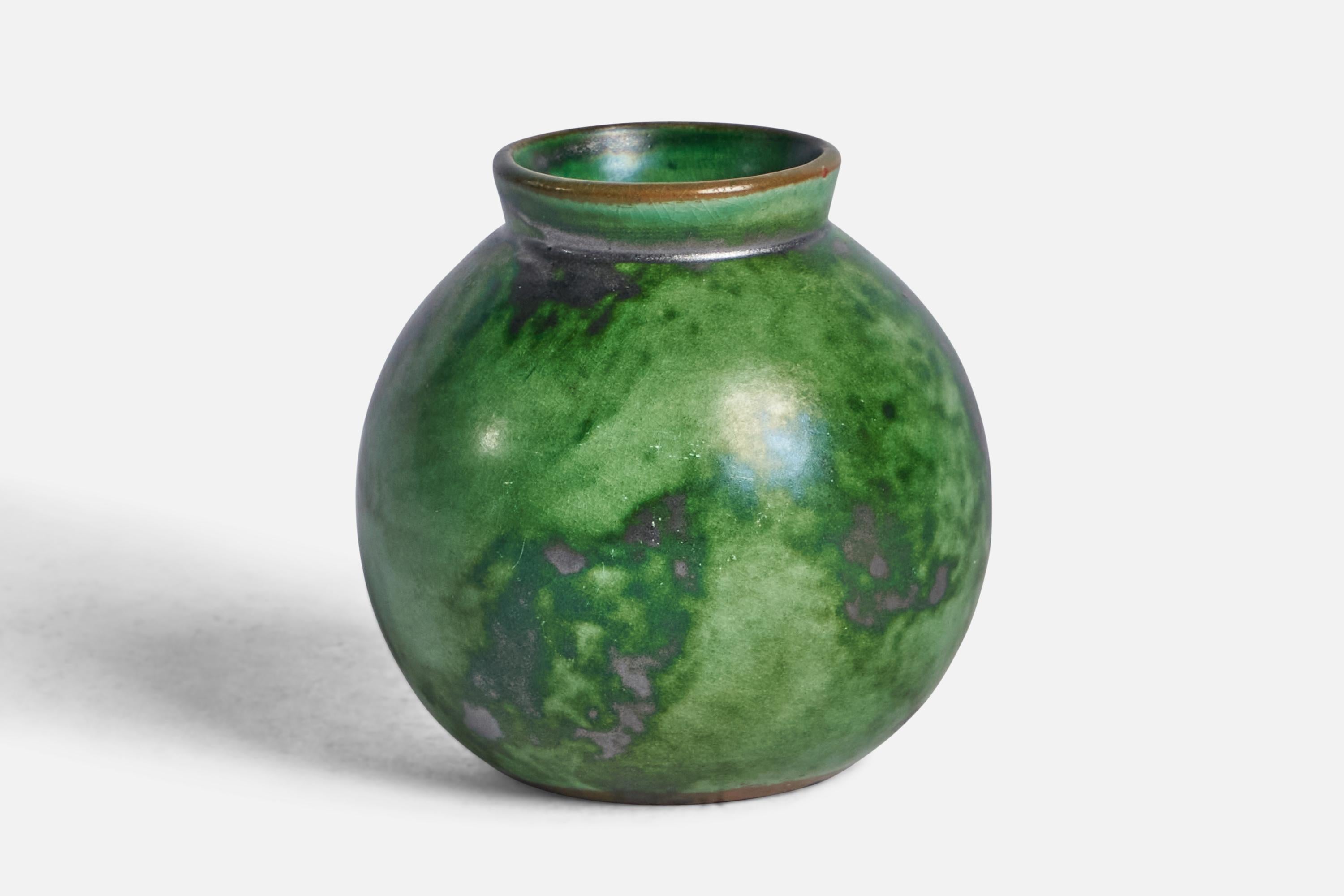 A green-glazed earthenware vase designed by Erik Mornils and produced by Nittsjö, Sweden, 1930s.