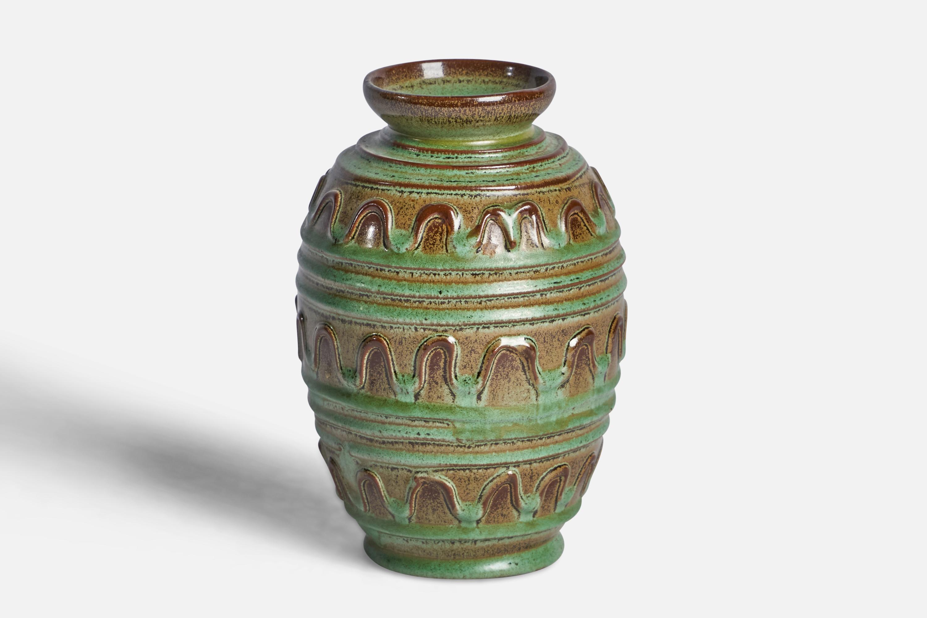 A green and brown-glazed earthenware vase designed by Erik Mornils and produced by Nittsjö, Sweden, c. 1930s.