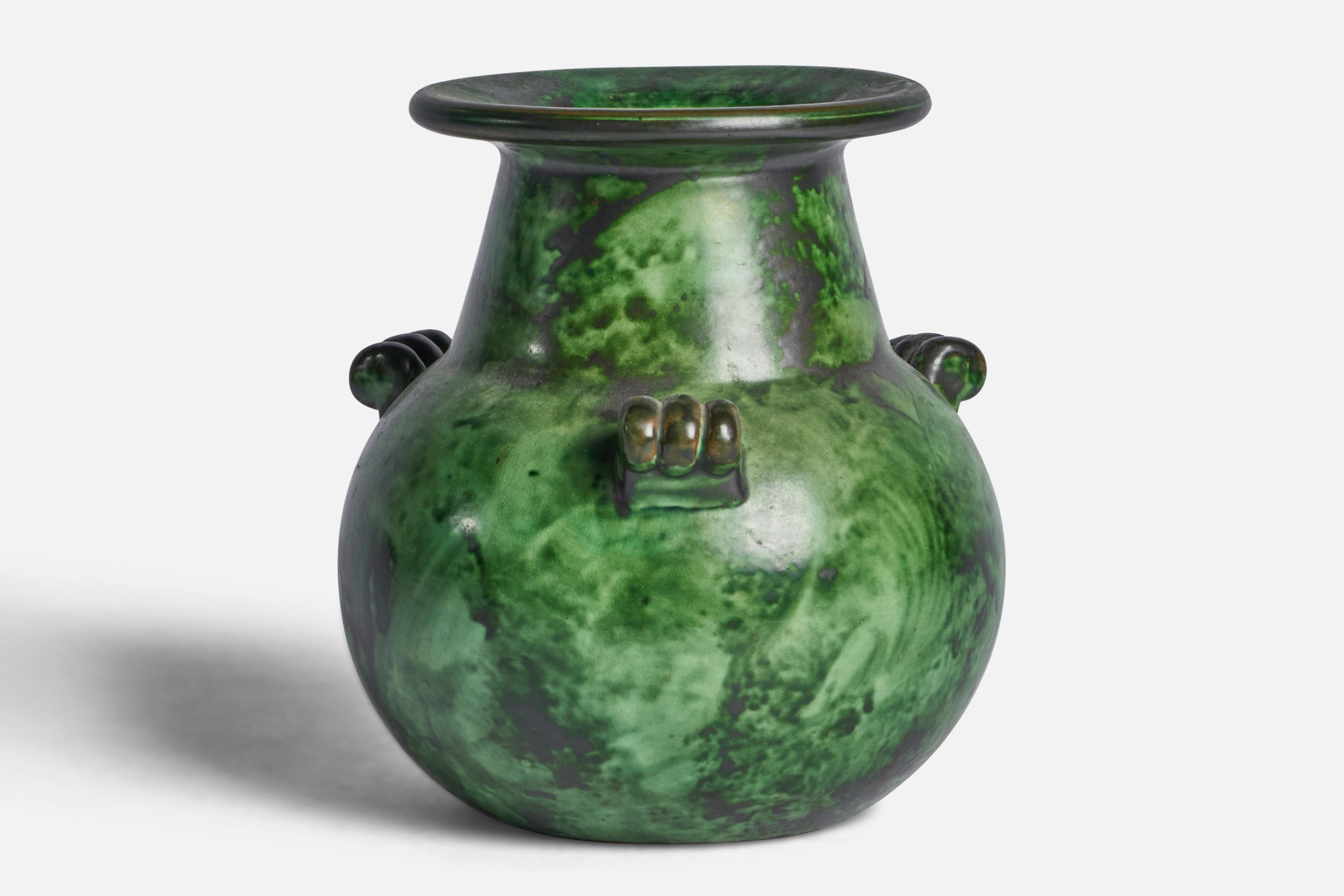 A green-glazed earthenware vase designed by Erik Mornils and produced by Nittsjö, Sweden, c. 1930s.