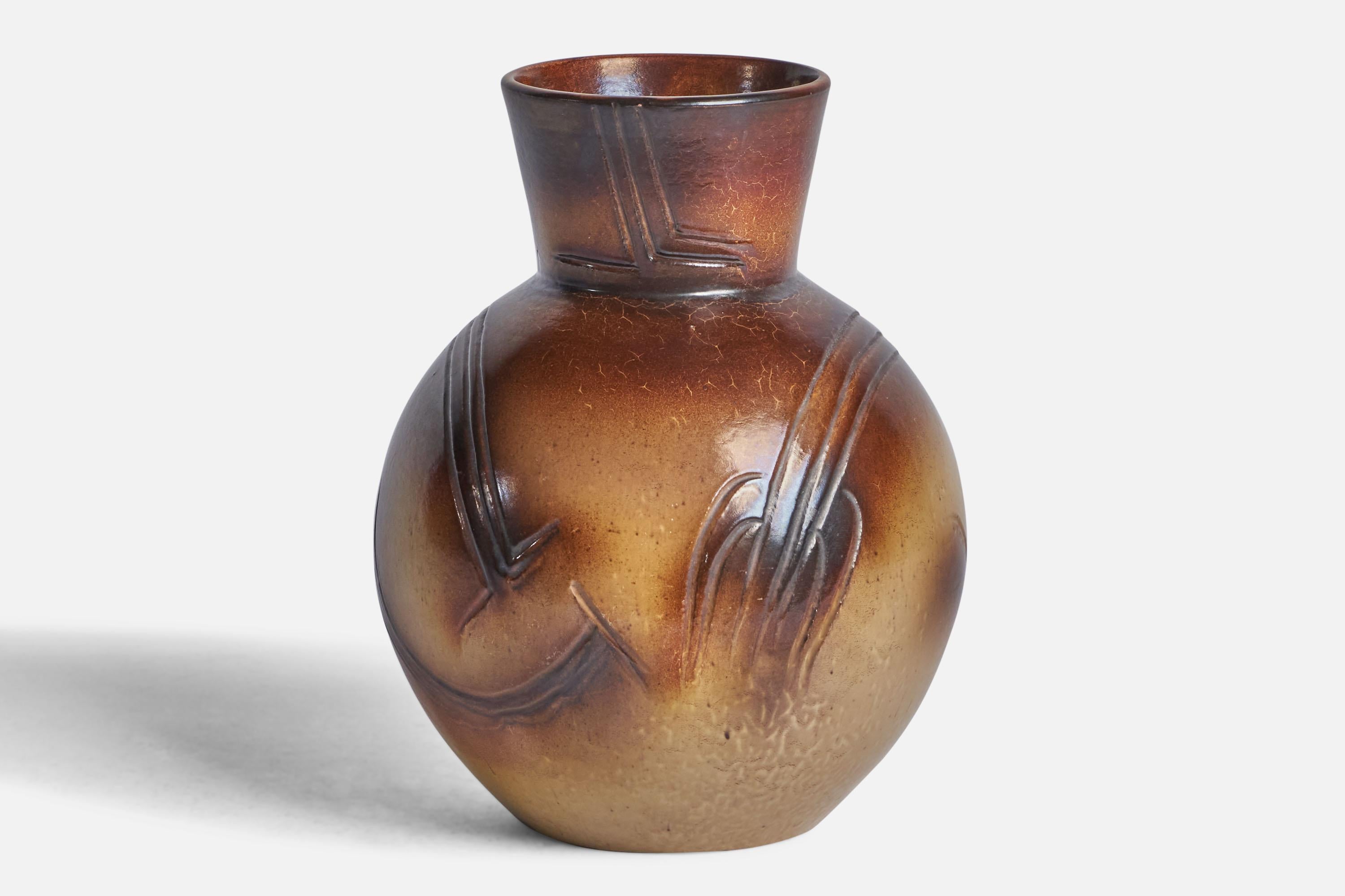 A beige and brown-glazed earthenware vase designed by Erik Mornils and produced by Nittsjö, Sweden, c. 1930s.