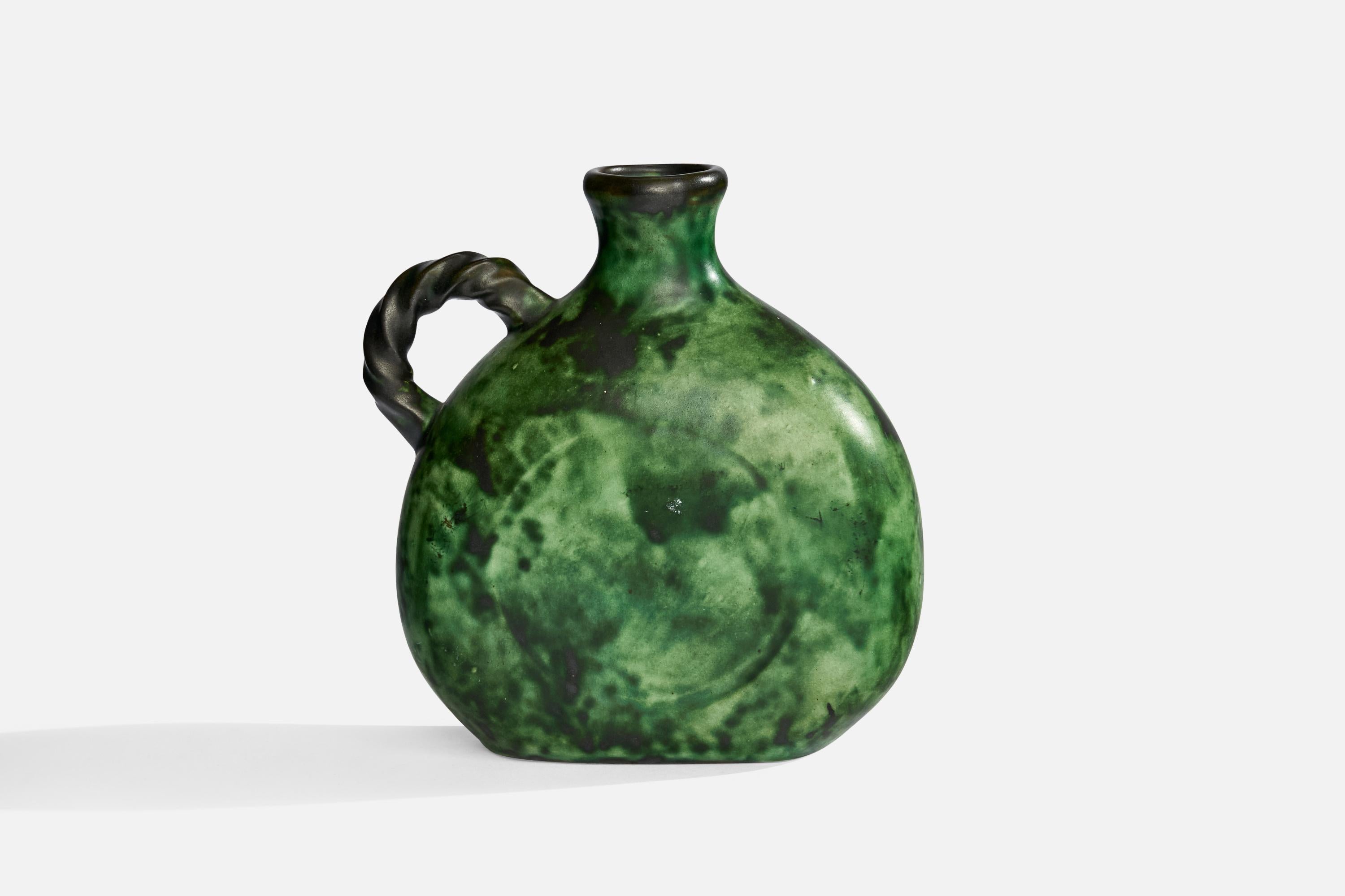 A green-glazed earthenware vase designed by Erik Mornils and produced by Nittsjö, Sweden c. 1930s.
