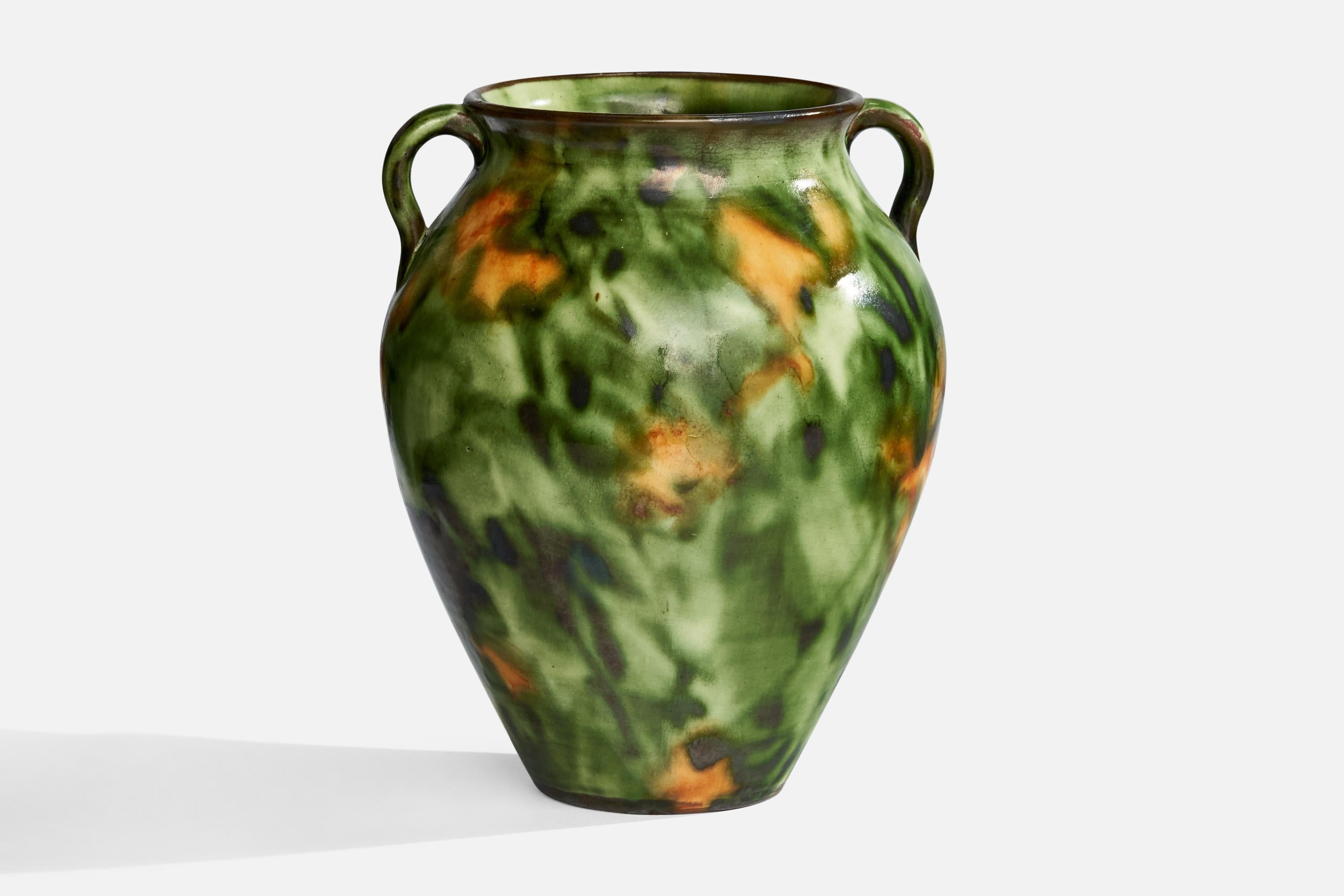 A green and yellow-glazed earthenware vase designed by Erik Mornils and produced by Nittsjö, Sweden c. 1930s.