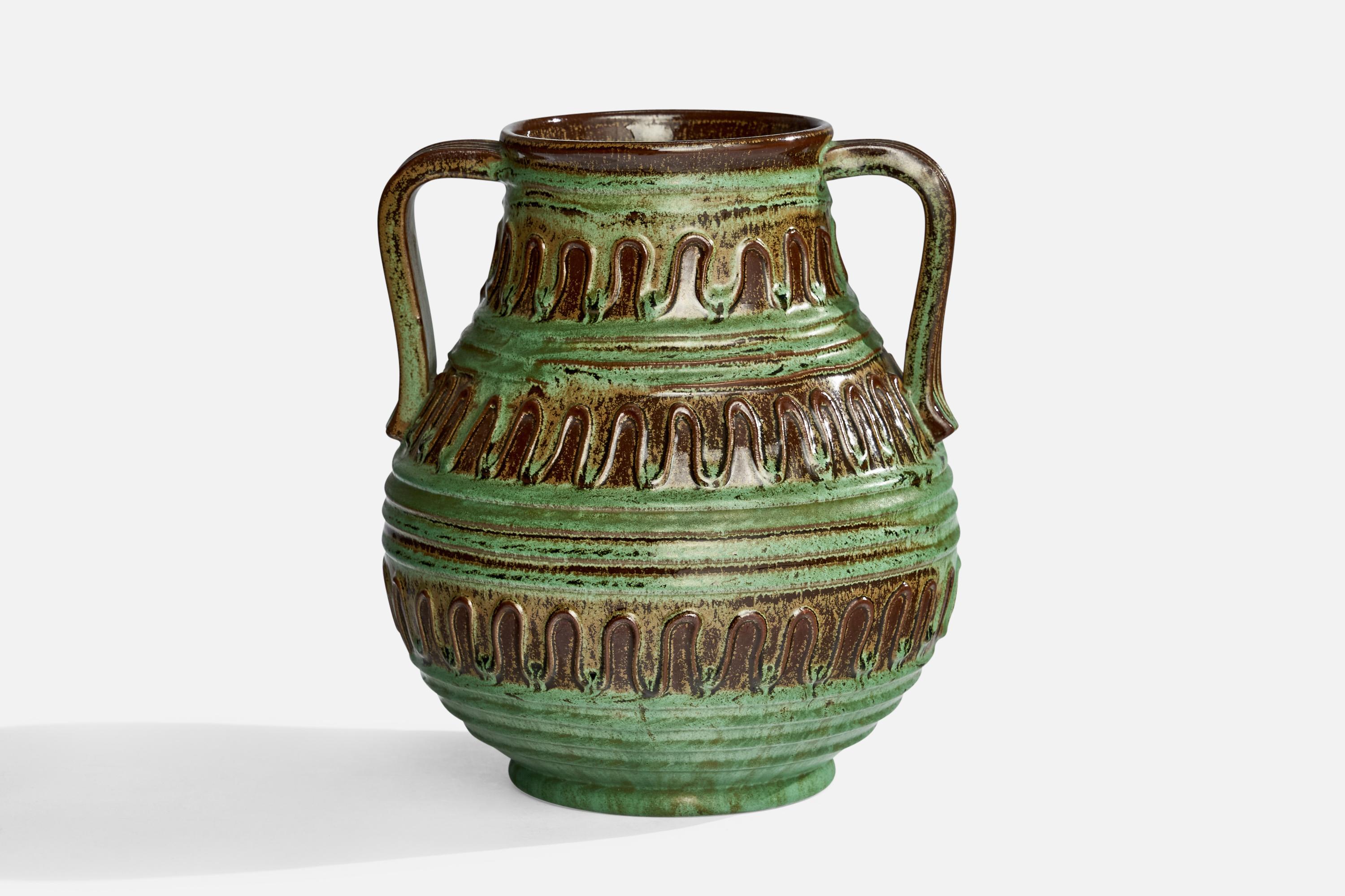 A green and brown-glazed earthenware vase designed by Erik Mornils and produced by Nittsjö, Sweden, c. 1930s.