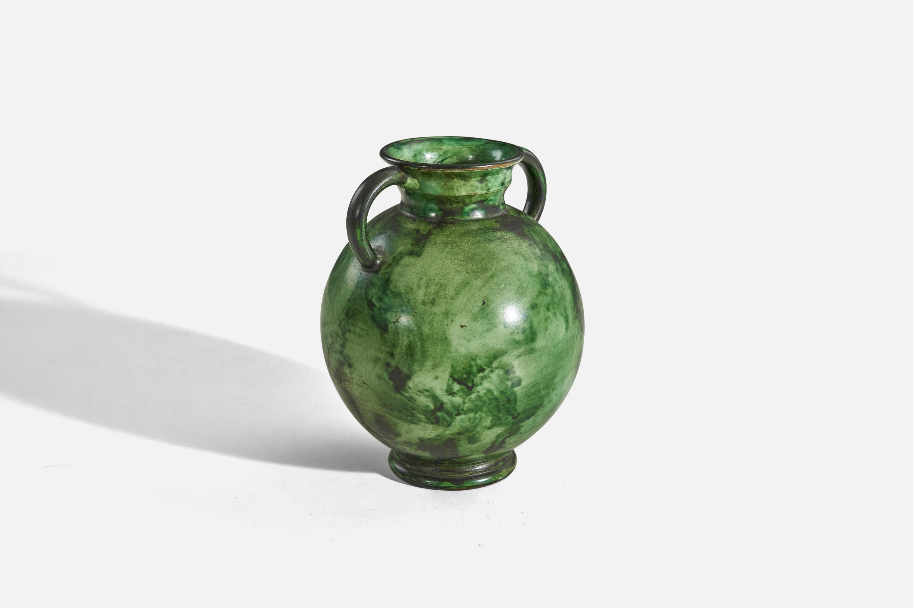 Scandinavo moderno Erik Mornils, Vaso, terracotta smaltata verde, Nittsjö Svezia, anni '40 in vendita