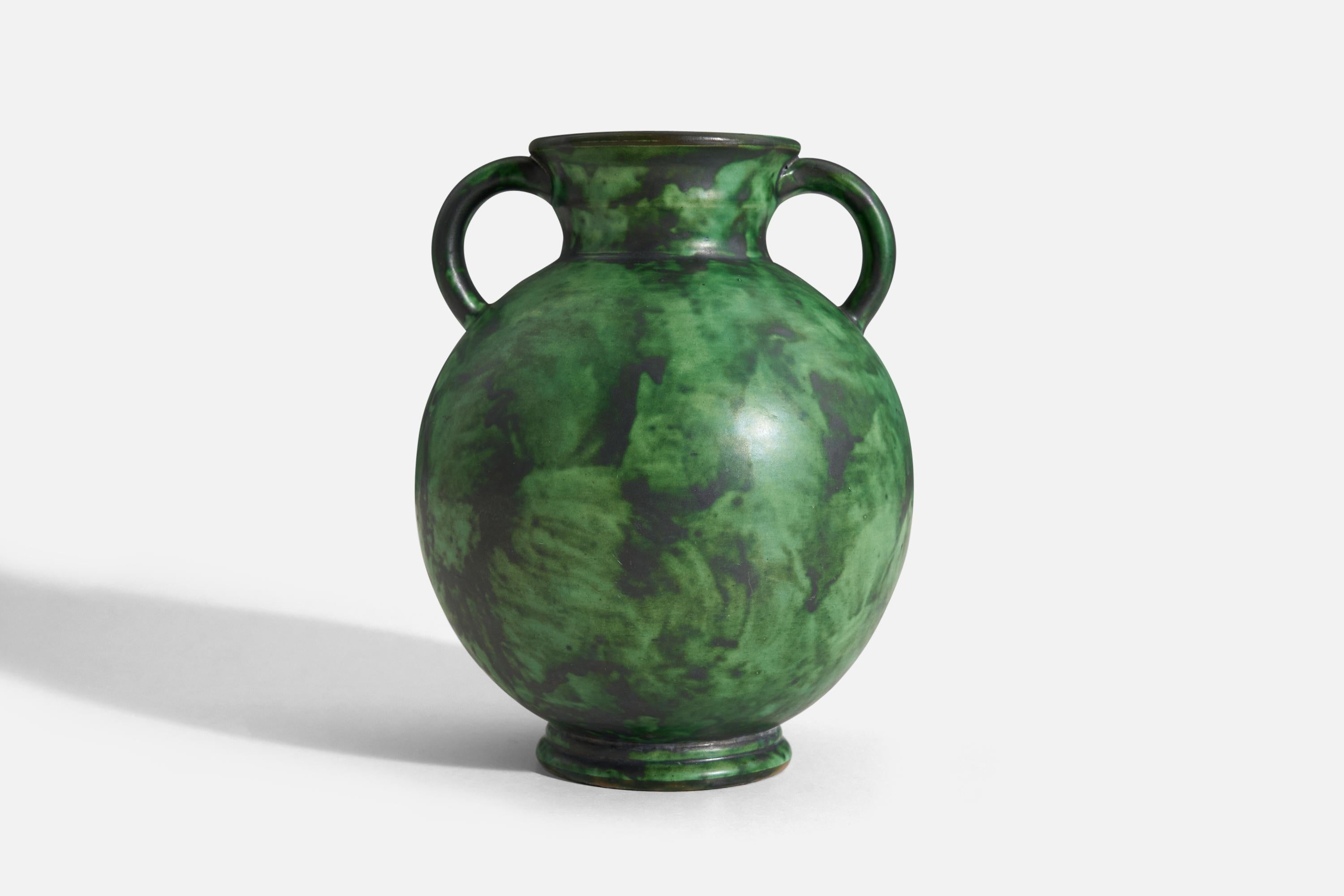Swedish Erik Mornils, Vase, Green-Glazed Earthenware, Nittsjö Sweden, 1940s