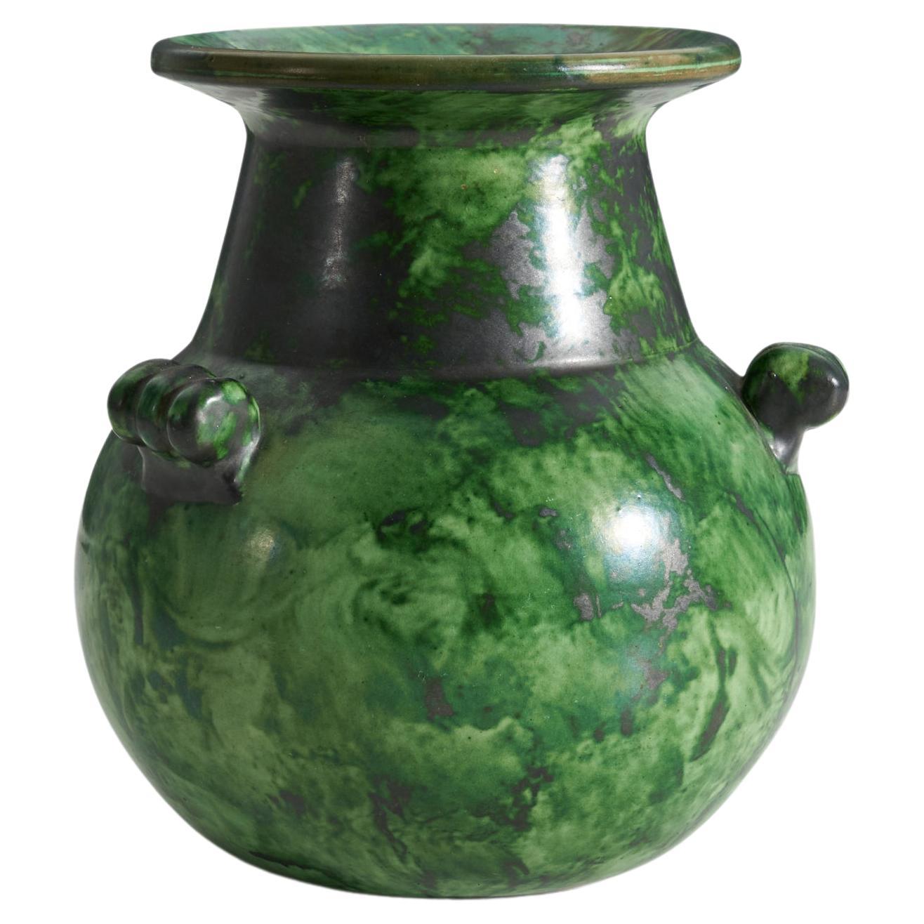 Erik Mornils, Vase, Green-Glazed Earthenware, Nittsjö Sweden, 1940s For Sale