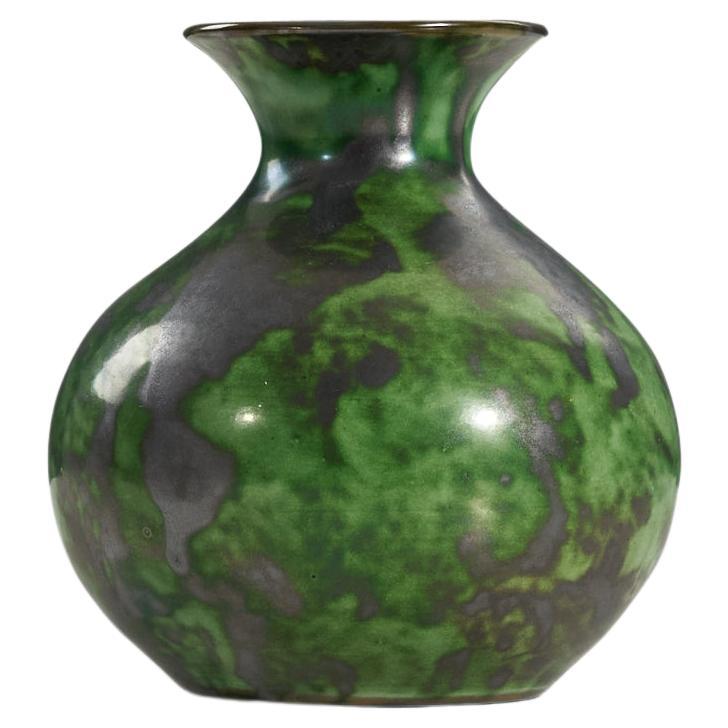 Erik Mornils, Vase, Green-Glazed Earthenware, Nittsjö Sweden, 1940s