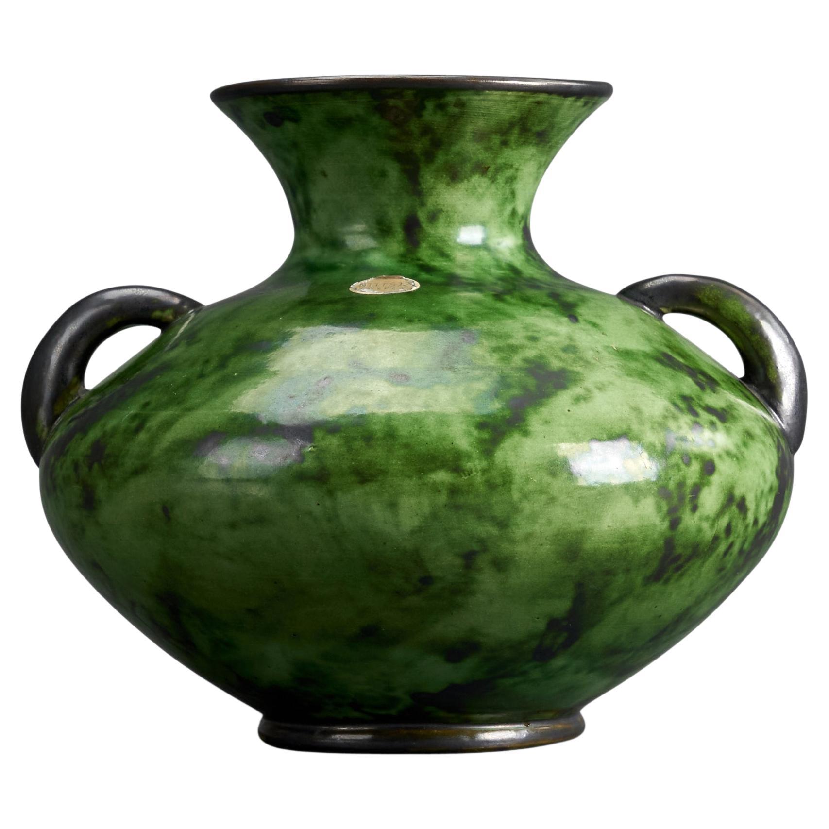 Erik Mornils, Vase, Green-Glazed Earthenware, Sweden, 1940s For Sale