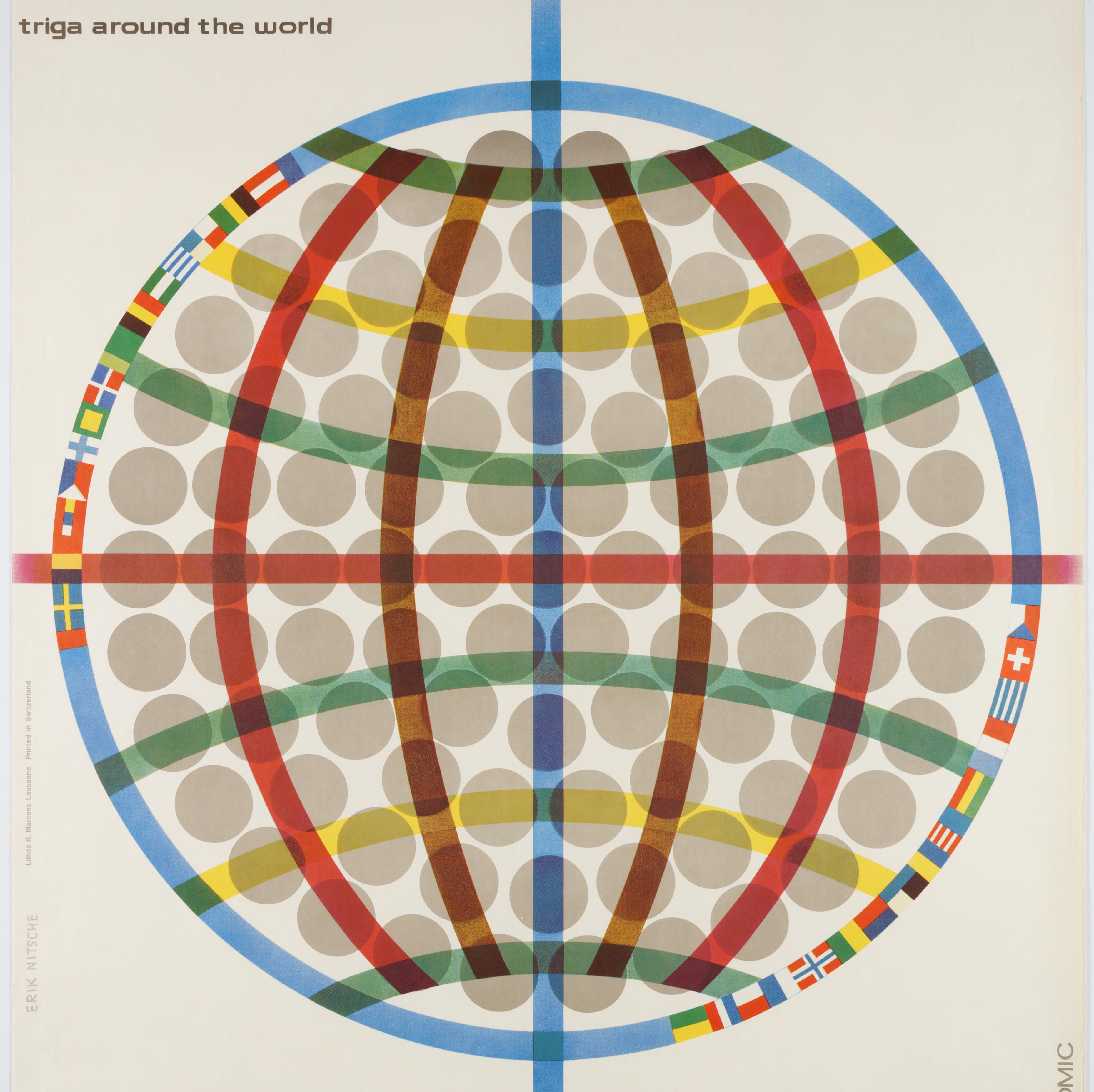 General Dynamics, reattore atomico Triga nel mondo - Poster originale d'epoca - Figurative Print Beige di Erik Nitsche