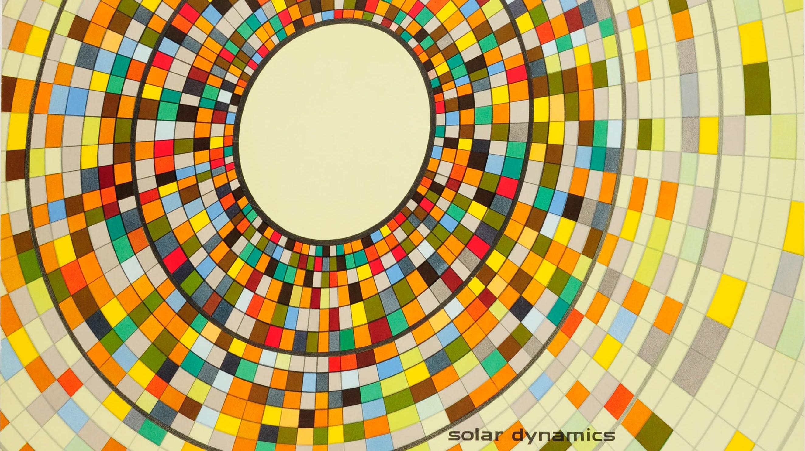 Affiche rétro originale General Dynamics, Atomes Solar Dynamics pour la paix, par Nitsche - Beige Print par Erik Nitsche
