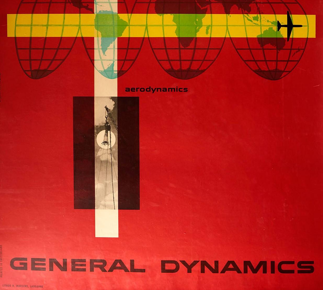 Original Vintage-Poster, General Dynamics Aerodynamics, UN Atomic Energie, Weltkarte (Rot), Print, von Erik Nitsche