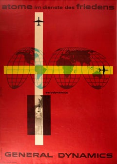 Original Vintage-Poster, General Dynamics Aerodynamics, UN Atomic Energie, Weltkarte