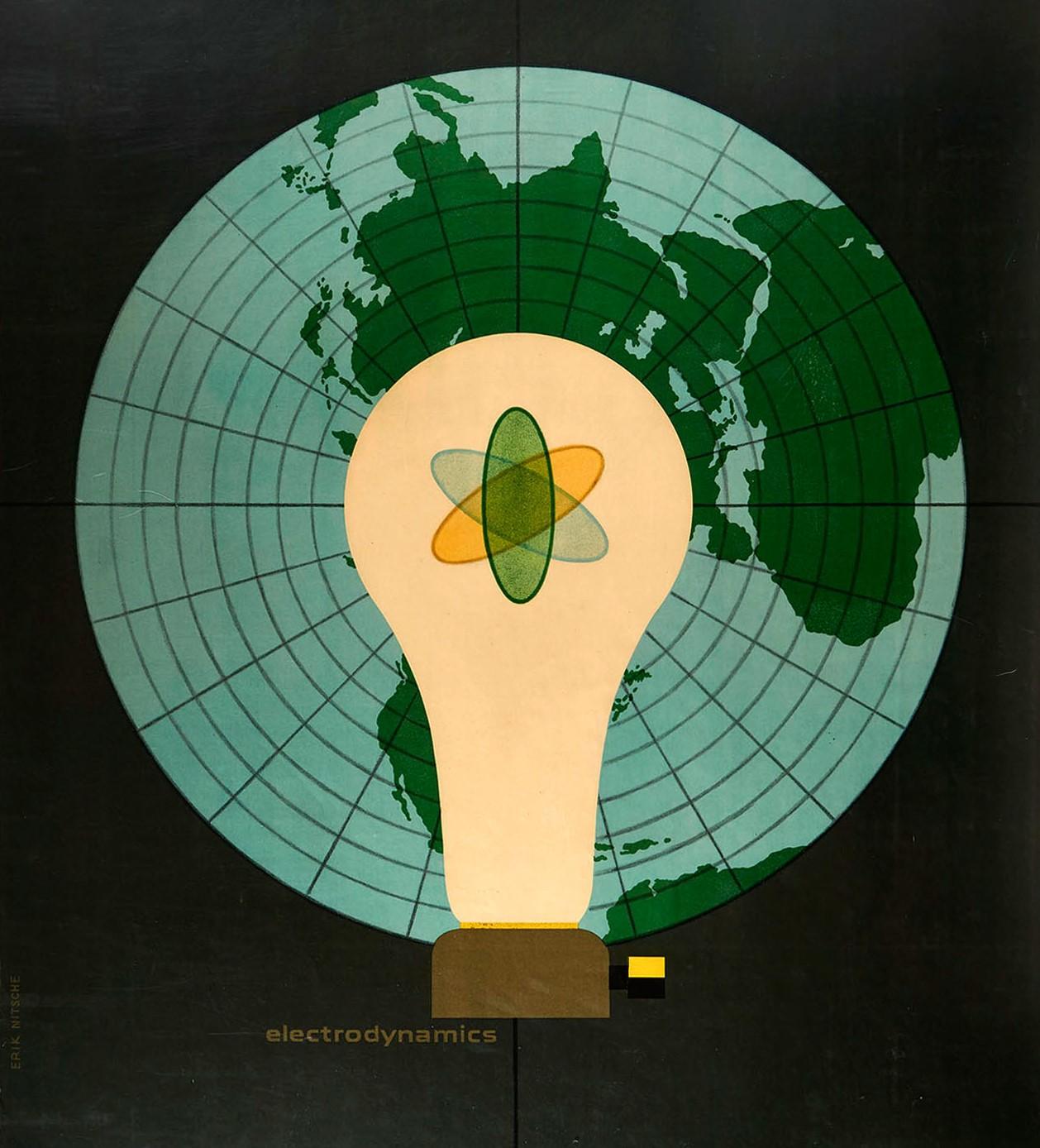 Originales altes General Dynamics-Plakat des Illustrators, Typografen und Grafikdesigners Erik Nitsche (1908-1998), das für die Elektrodynamik wirbt. Großartige Illustration mit dem Atomsymbol in einer Glühbirne vor einer Weltkarte auf grauem