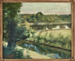 Sommerlandschaft mit Fluss und Bäumen, Öl auf Leinwand, signiert